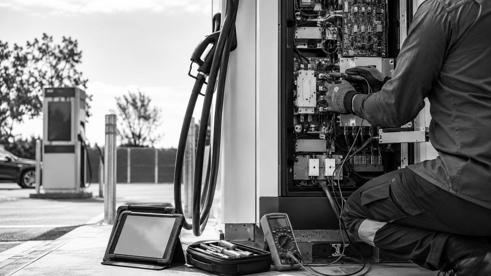 A technician repairing an electric vehicle charging station outdoors, with tools and testing equipment placed nearby.