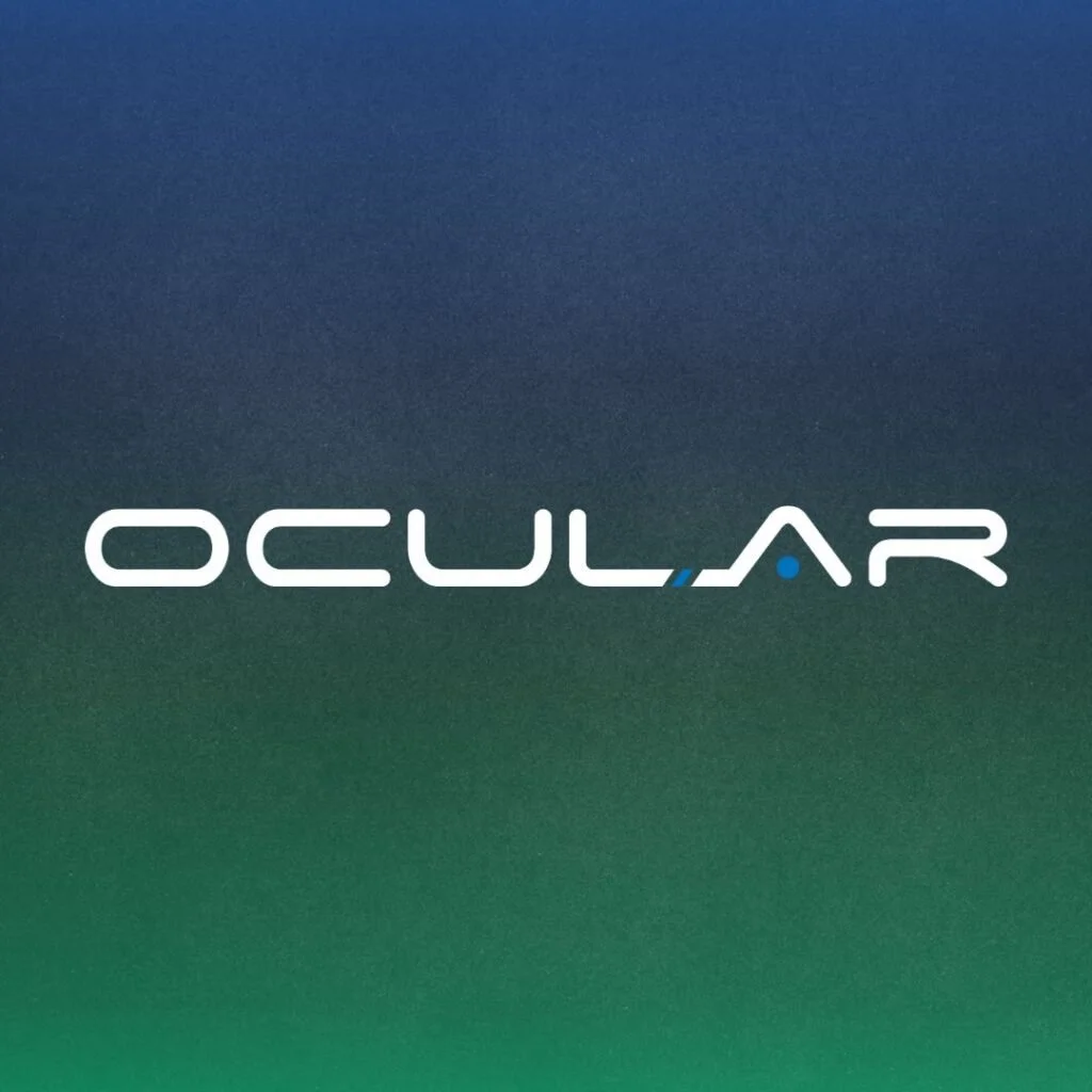 The word 'Ocular' written in modern, digital-style font on a gradient background from dark blue to green.