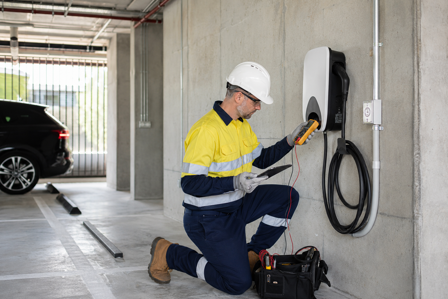 Electrician kneeling in a parking garage, inspecting an electric vehicle charging station with a multimeter, next to a black car.