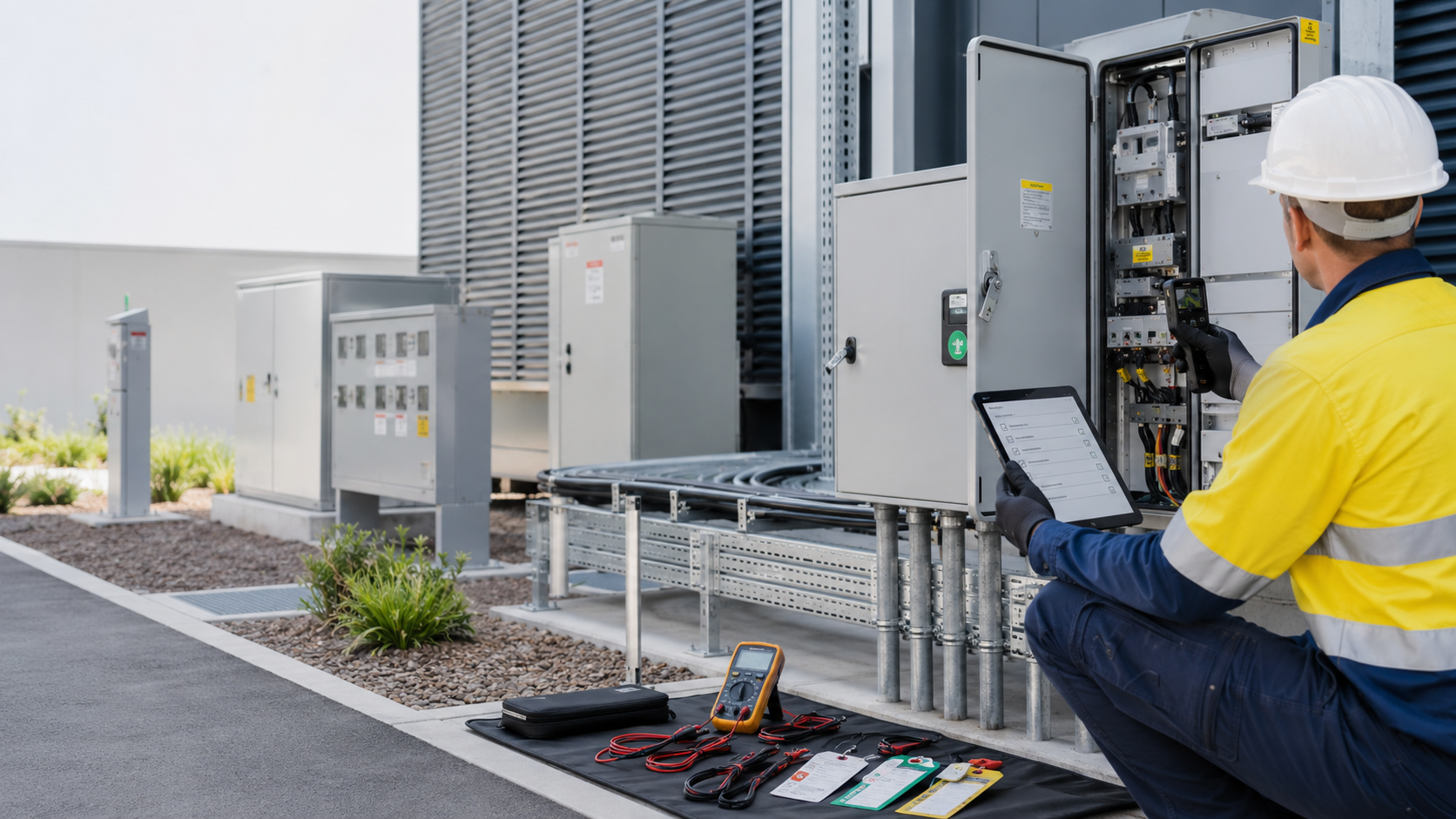 A technician in a yellow safety jacket and white hard hat using a tablet and testing electrical panels outside a building.