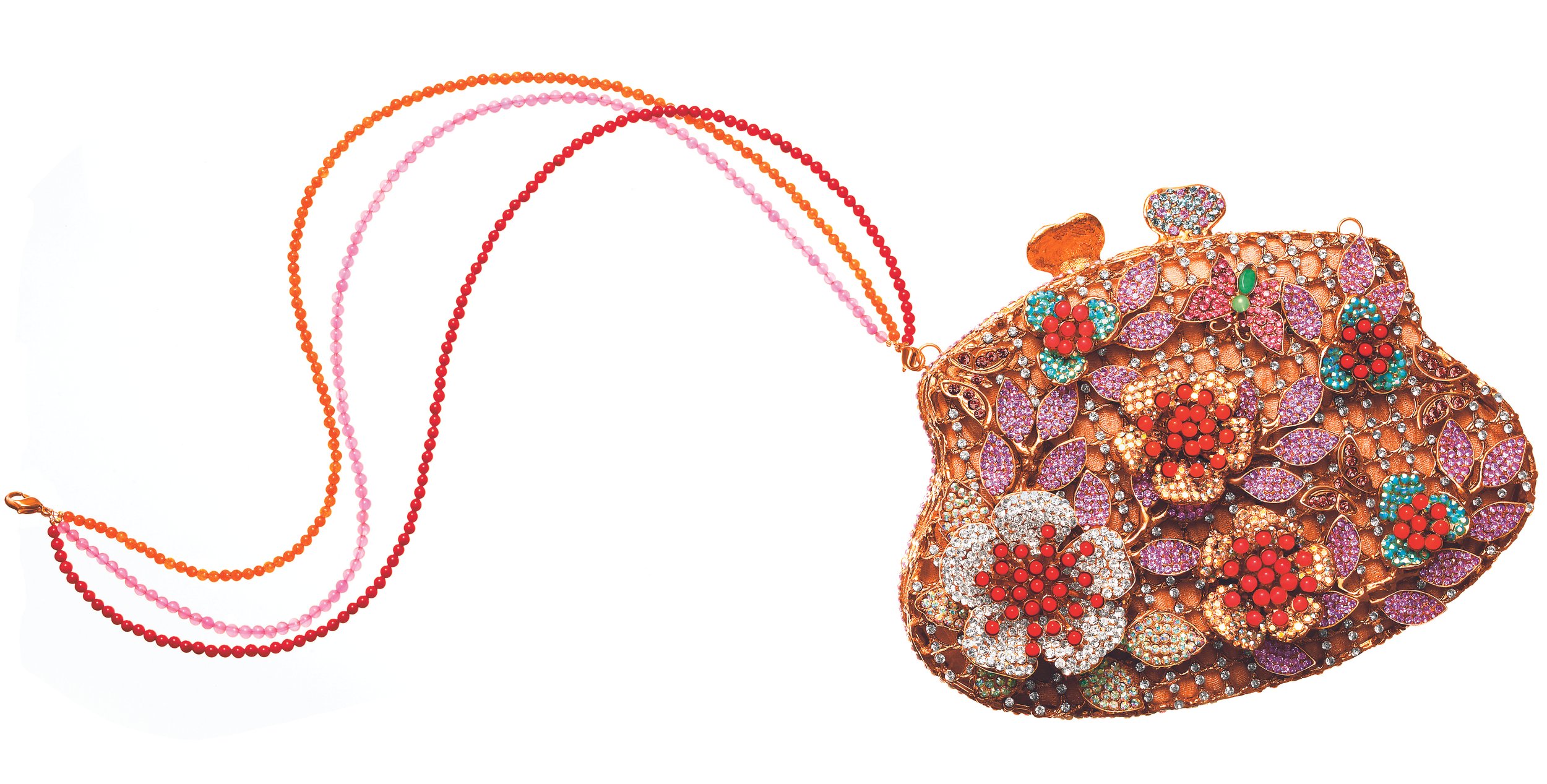 A jewelry set featuring a large ornate bracelet with colorful floral and leaf patterns decorated with crystals, and four beaded necklaces in shades of pink, orange, and red.