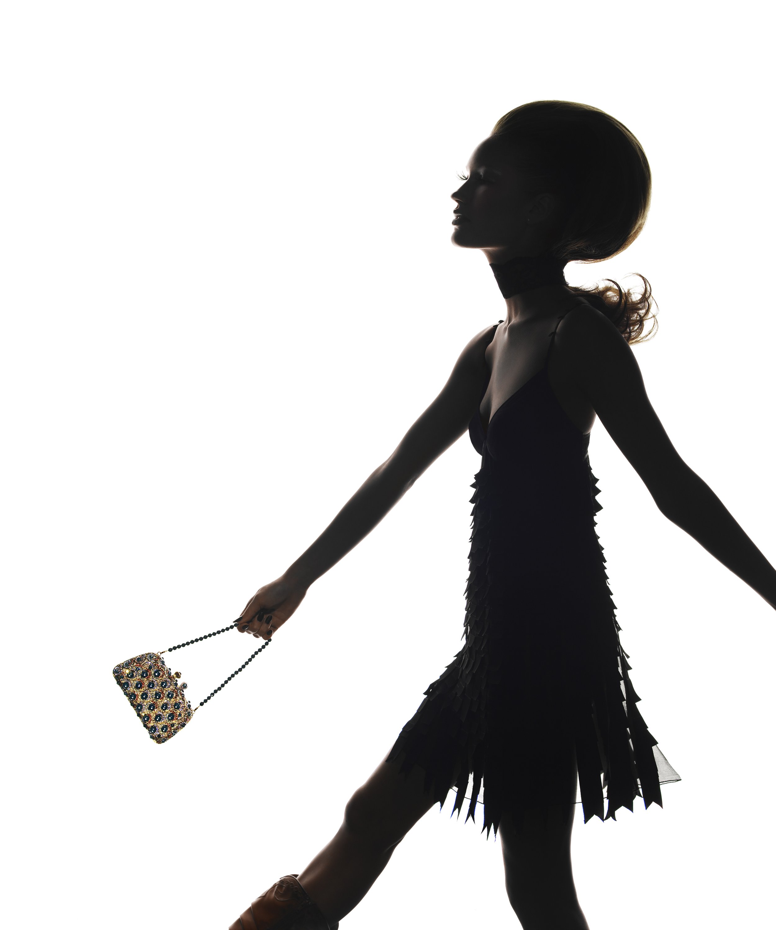 Silhouette of a woman in a black dress with feather details, holding a bejeweled clutch purse with a chain strap, against a white background.