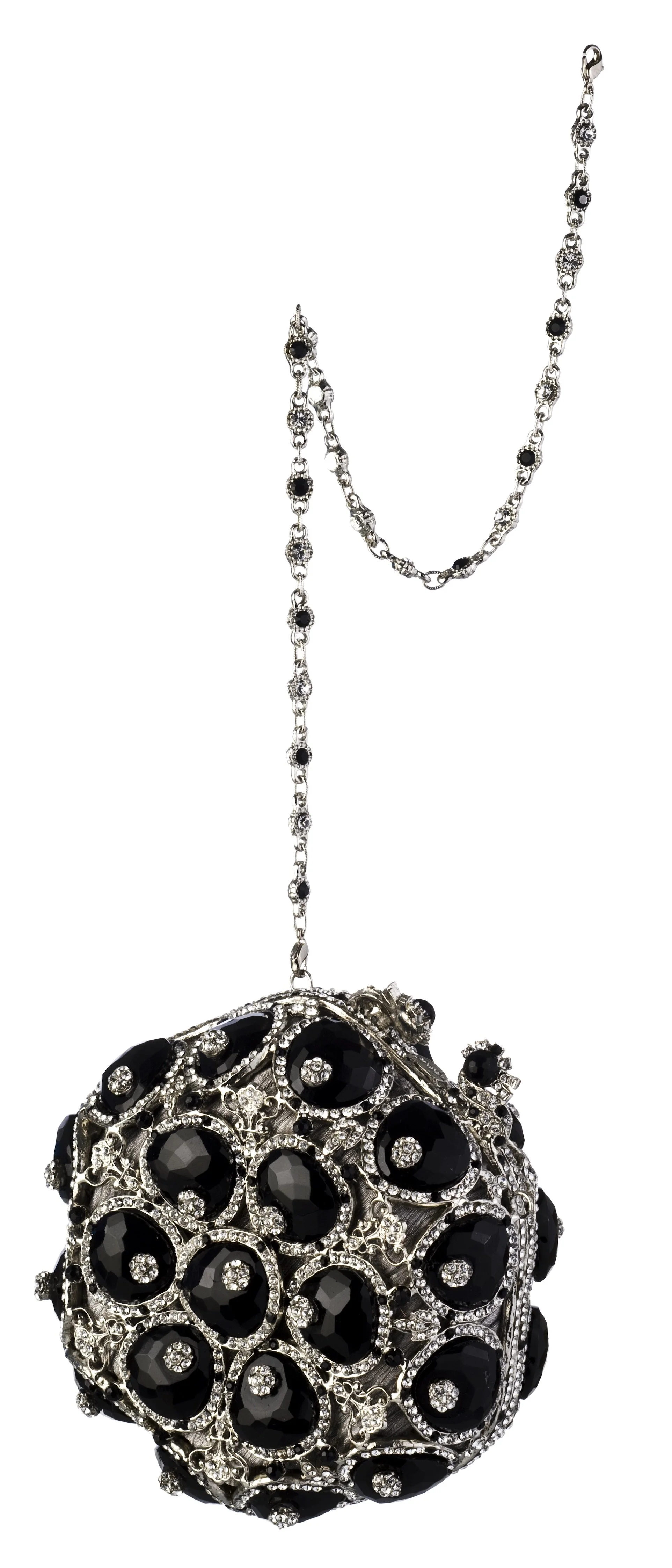A silver necklace with black and clear gemstones and a spherical pendant decorated with black stones and clear diamonds.