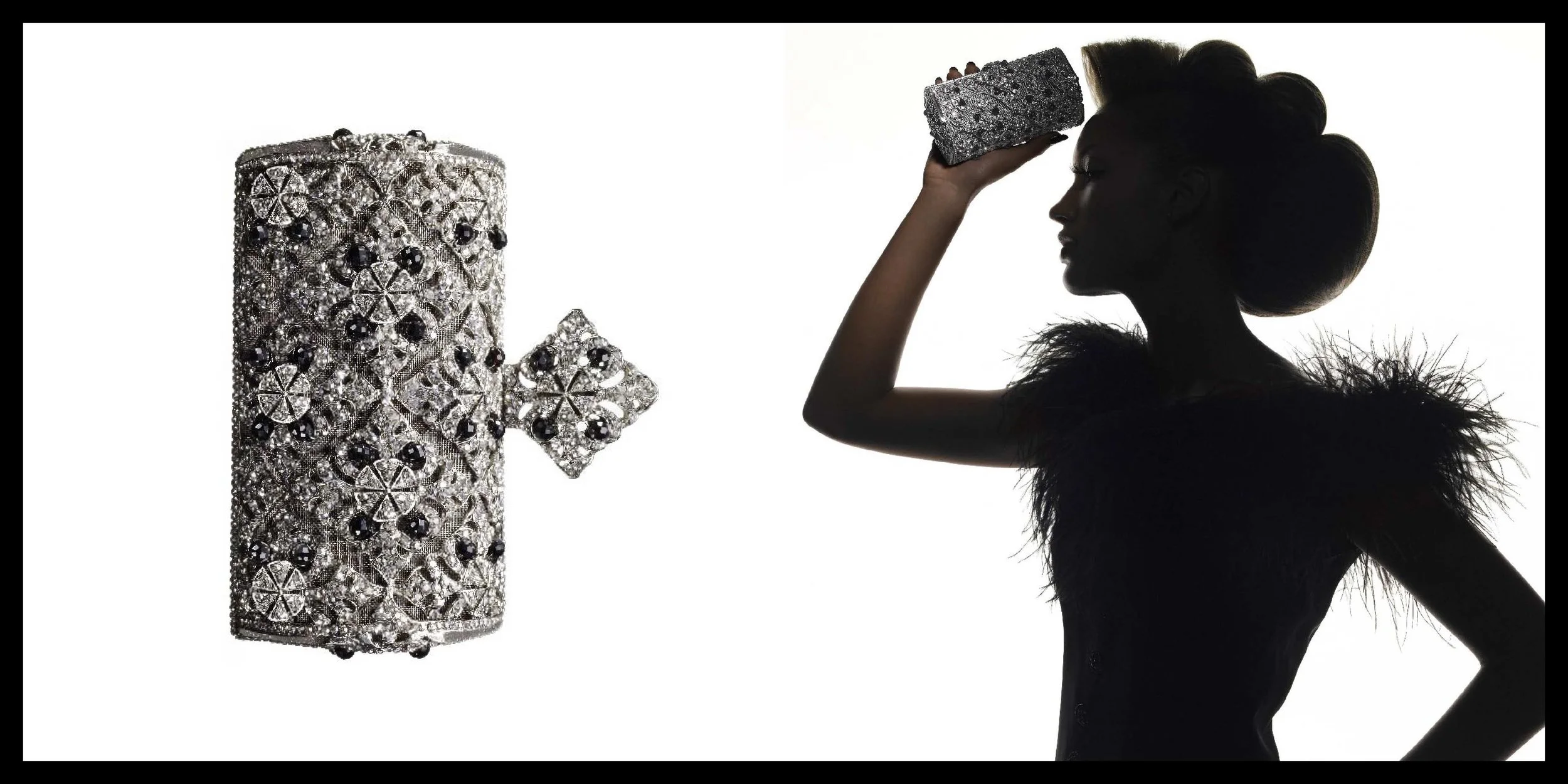 Silhouette of a woman with an elaborate hairstyle holding a sparkly, silver clutch purse with intricate design, against a white background.