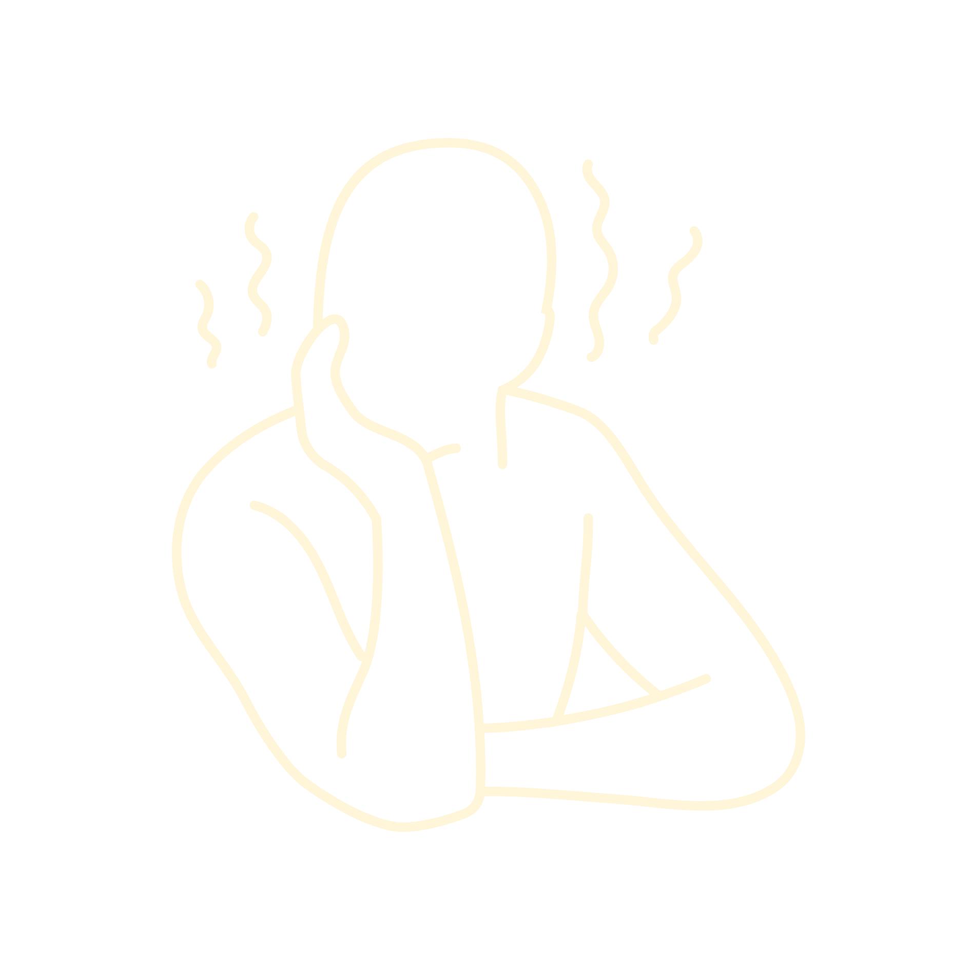 Line drawing of a person with short hair and a tank top, resting their chin on their hand, with steam or heat waves around their head, suggesting they are feeling hot or overheated.