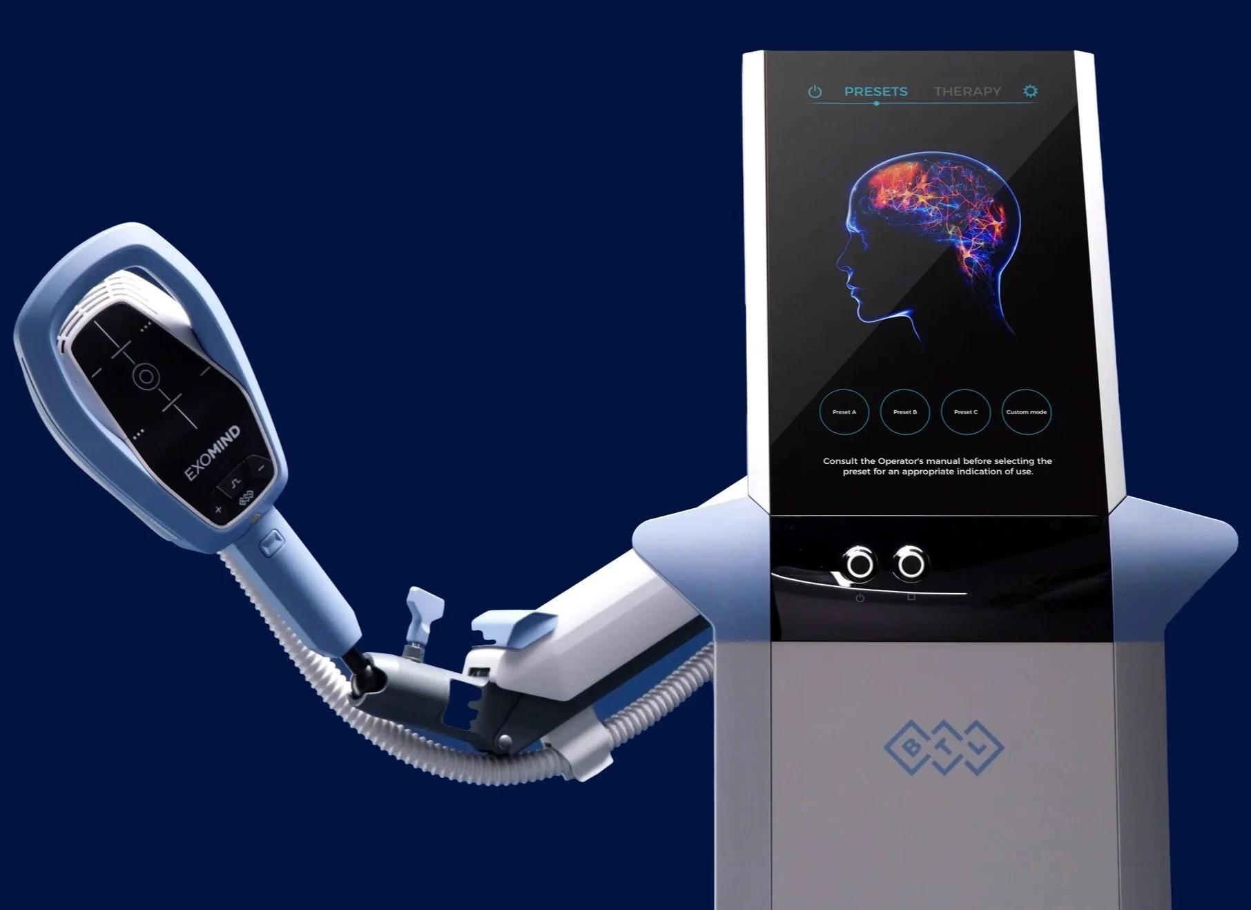 Close-up of a medical robotic arm holding a handheld device with a digital display, connected to a machine with a screen showing a colorful brain model and preset options.