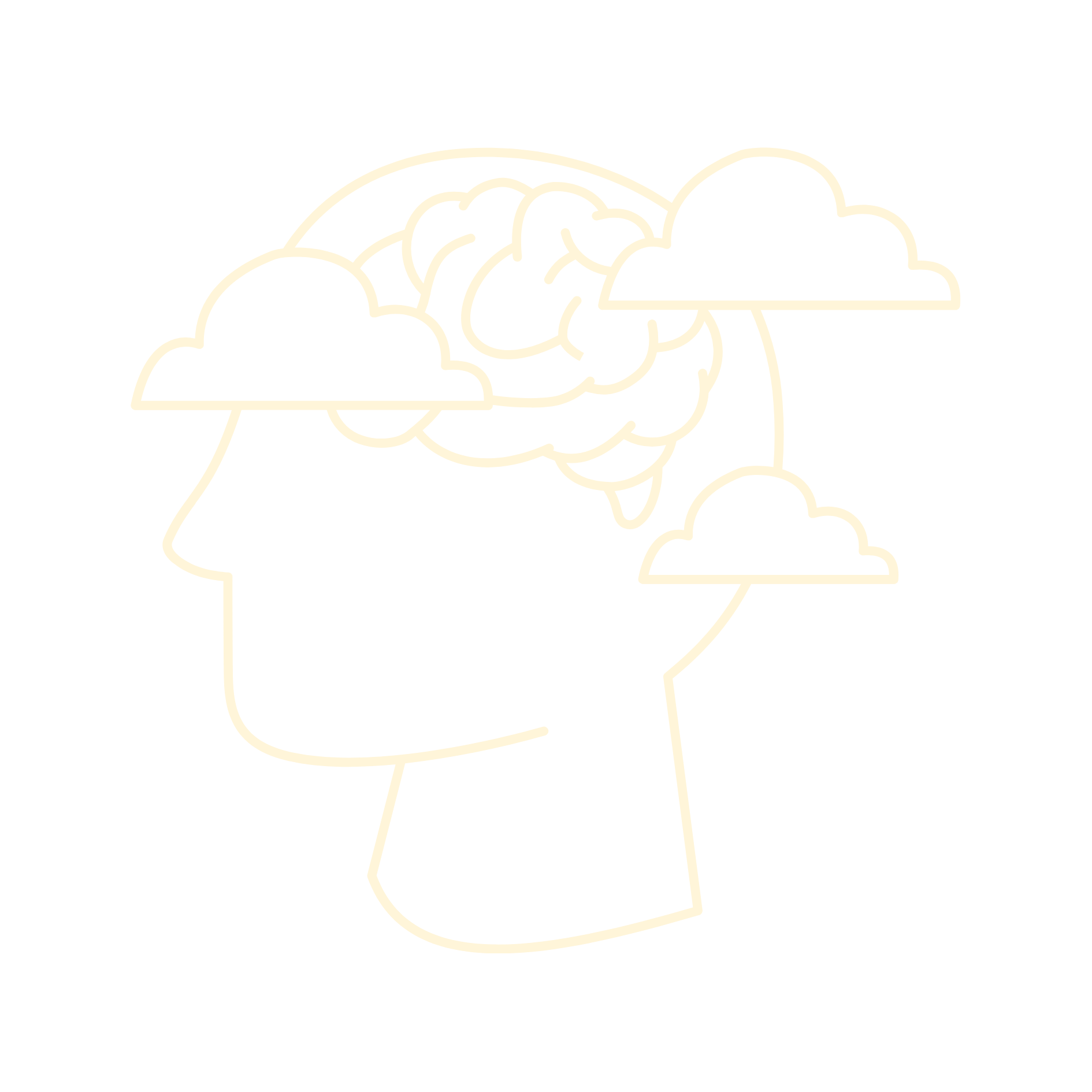 Outline drawing of a human head in profile with a brain visible inside, surrounded by clouds.