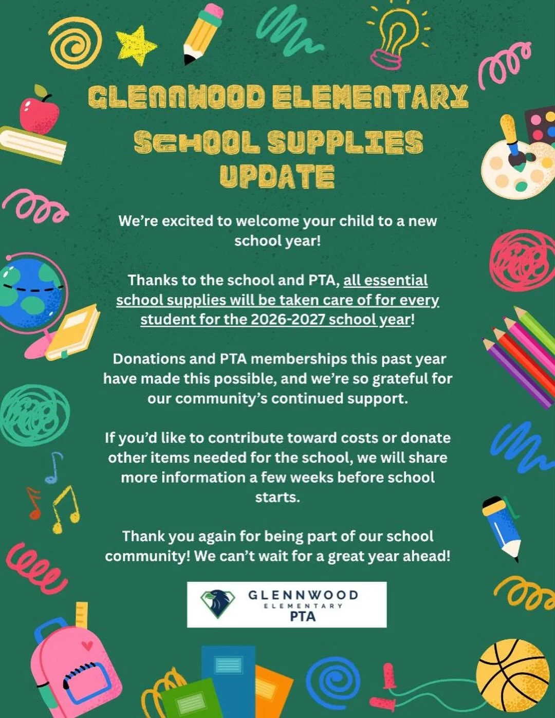 Welcome new Glennwood Families!  Donations and PTA memberships this past year have made this possible, and we&rsquo;re so grateful for our community&rsquo;s continued support!