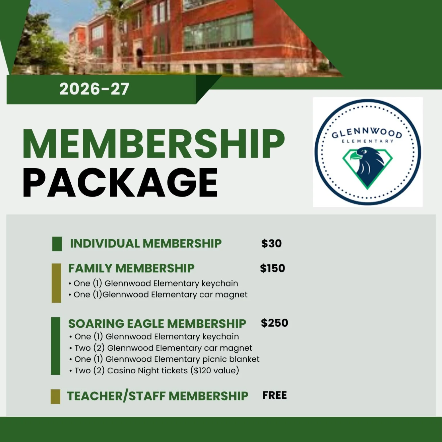 Liked not having to hunt down school supplies to start the year? Excited about making sure we have fun raffles and engagement events to show our staff how much we appreciate them? Then join the PTO today! 🦅💚

Every donation helps the PTO invest in 