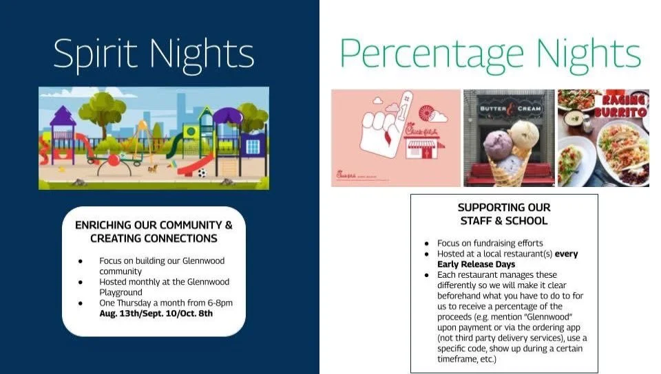 ✨ Glennwood Elementary Spirit Nights &amp; Percentage Nights! ✨
We&rsquo;re excited to bring our Glennwood Elementary community together this year with two great ways to connect and support our school:

🌟 Spirit Nights
- A fun monthly community gath