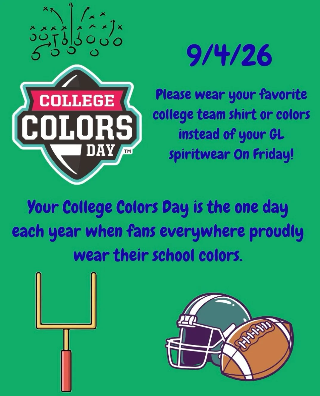 Who will you be rooting for this season? In honor of the kickoff of College Football season, wear your favorite college team shirt or colors instead of your Glennwood Spiritwear this Friday!