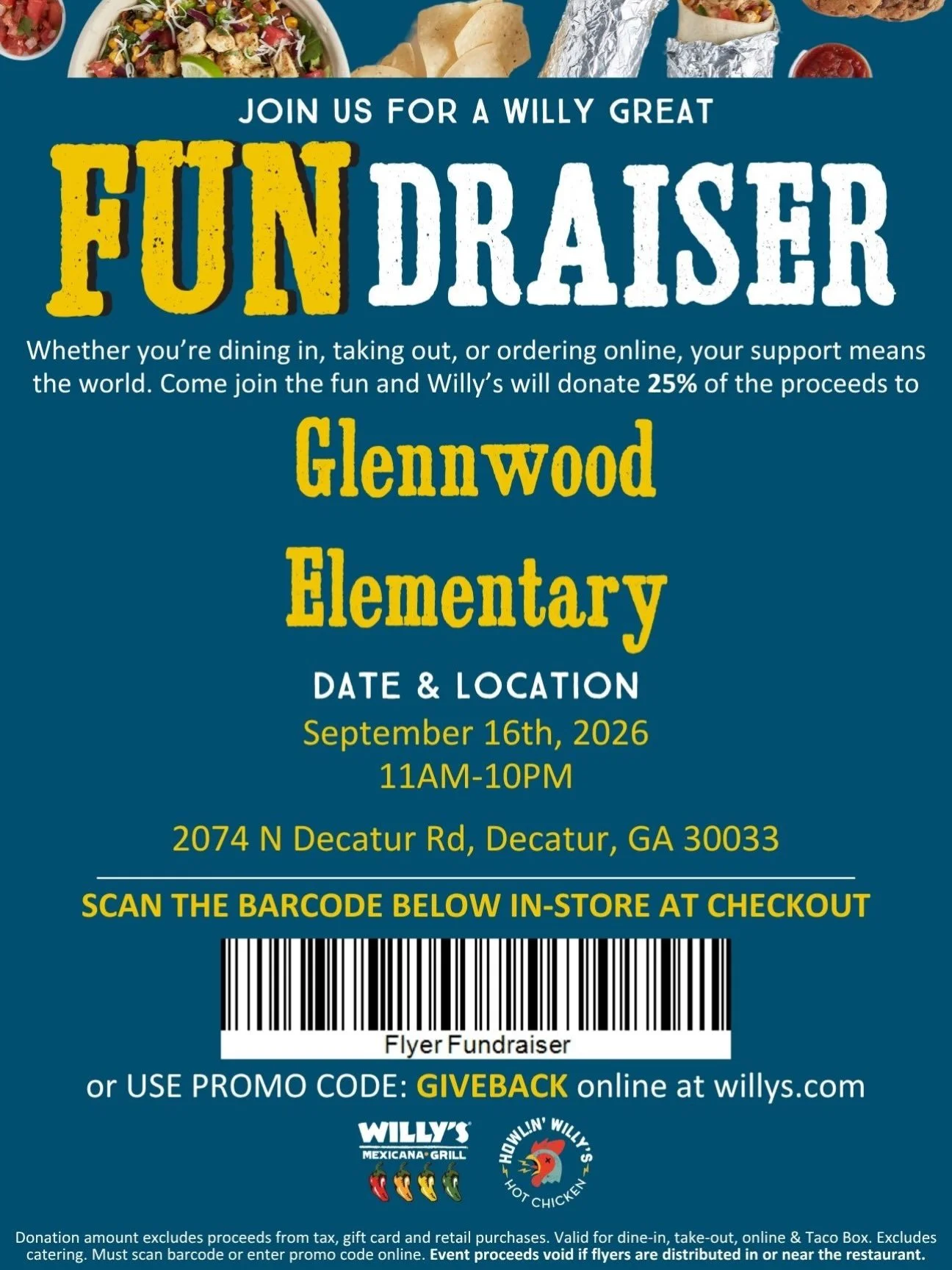 See you at our next percentage night at Willy&rsquo;s on Sept. 16th! Make sure to scan the barcode or use the code for Glennwood Elementary PTO to get a portion of the proceeds! 🌯💚🦅🌮