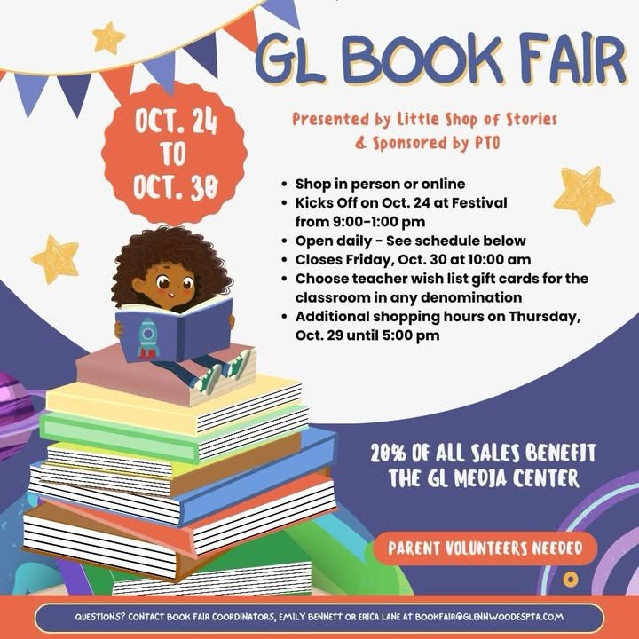 Sign up to work at the Glennwood Book Fair!  20% of proceeds benefit the Media Center!