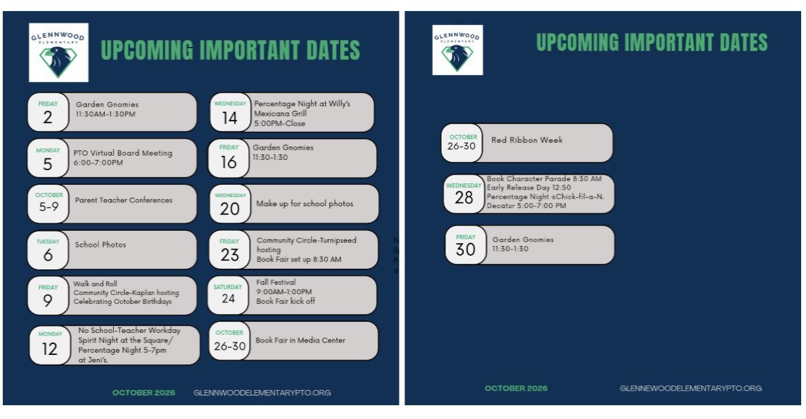 We have a very busy October!
Mark your calendars for important dates 🗓️🦅💚