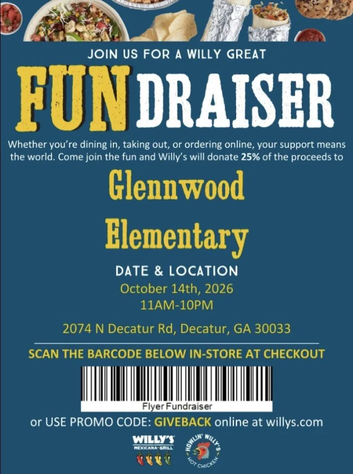 See you at our next percentage night at Willy&rsquo;s on Oct. 14th (Wednesday)! Make sure to scan the barcode or use the code for Glennwood Elementary PTO to get a portion of the proceeds! 🌯💚🦅🌮