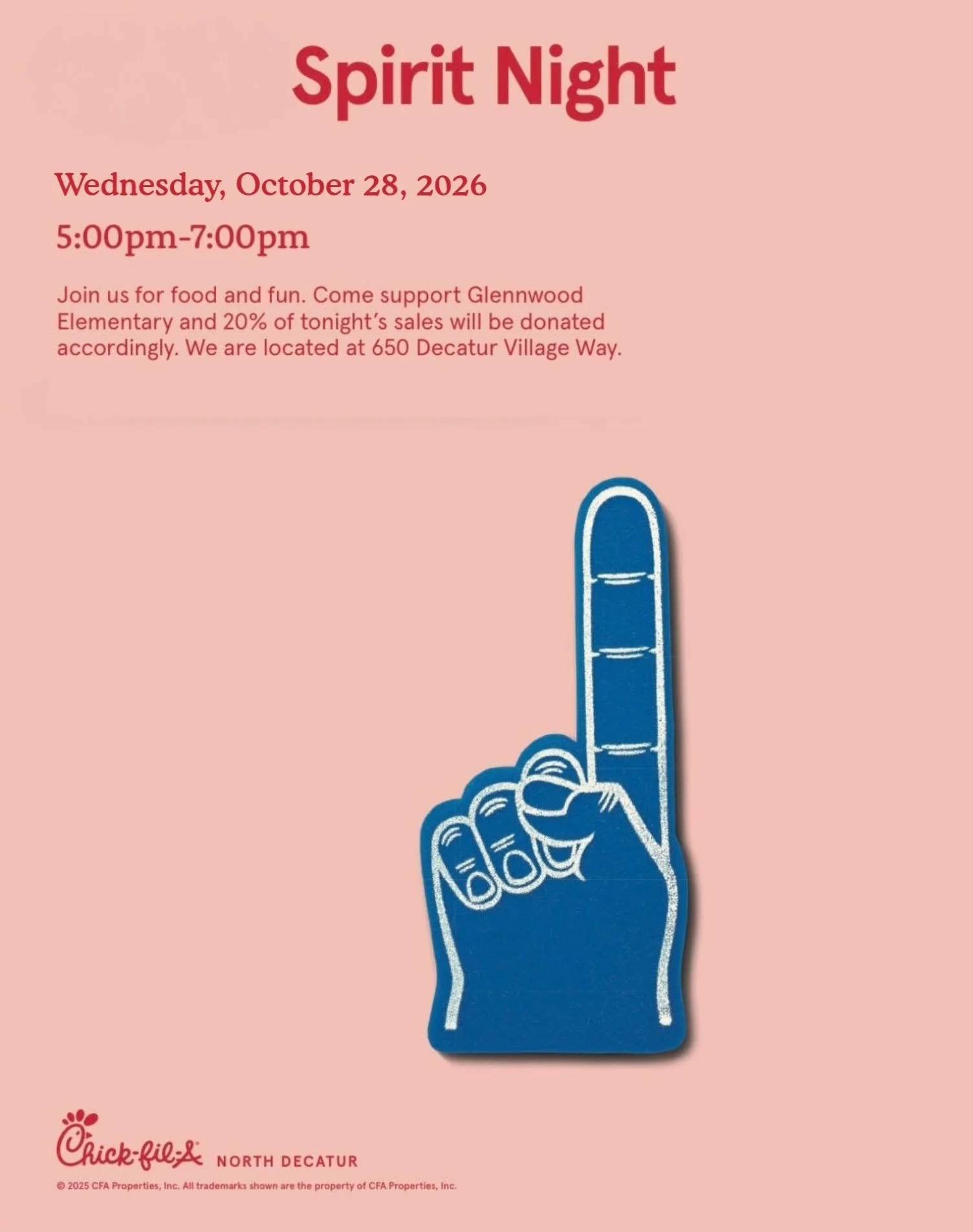 See you at Chick-fil-a, North Decatur, for our next percentage night tomorrow, October 28, from 5-7 PM.