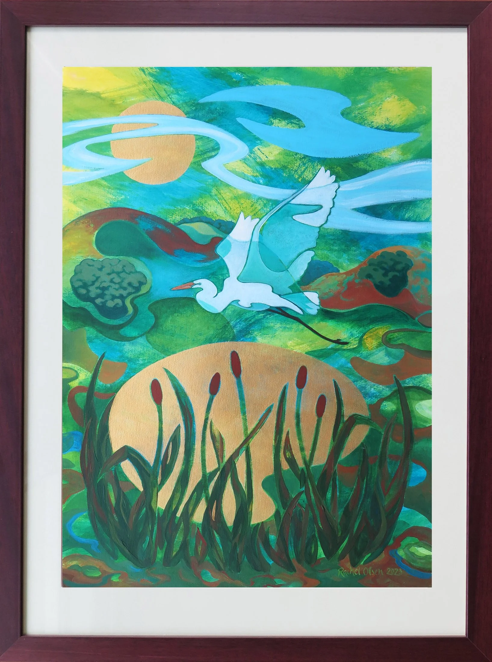 Kotuku Moon original framed semi-abstract painting by New Zealand artist Rachel Olsenfeaturing a white kotuku (white heron) flying over raupo (bullrushes) beneath a golden moon.