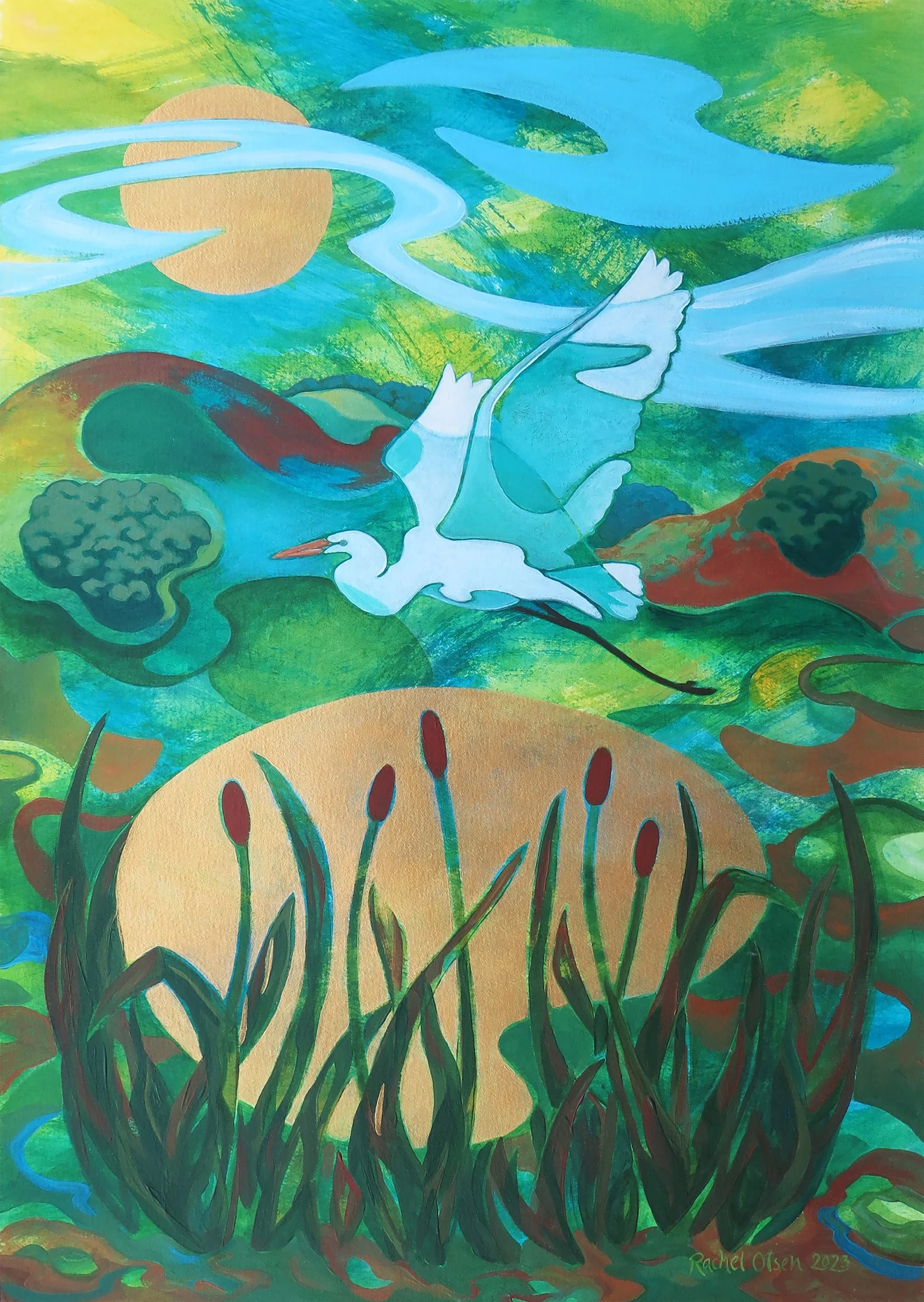 Kotuku Moon original semi-abstract painting by New Zealand artist Rachel Olsenfeaturing a white kotuku (white heron) flying over raupo (bullrushes) beneath a golden moon.
