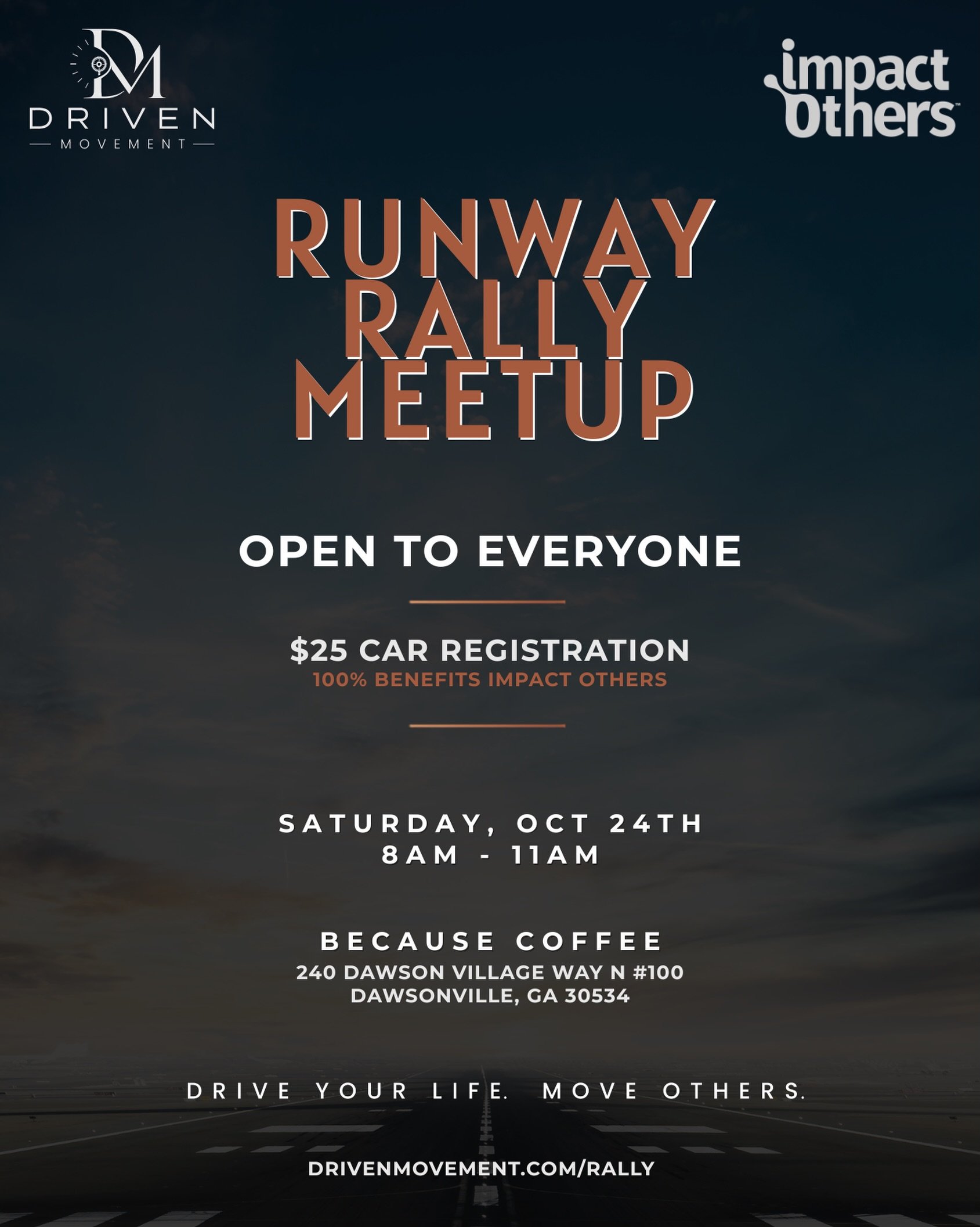 OPEN TO EVERYONE: Our RUNWAY RALLY Meetup 🏁

We&rsquo;re kicking off our North Georgia Runway Rally at @becausecoffeeco in Dawsonville, GA!

Saturday, October 24th
8am - 11am

☕️ Great Coffee
🏎️ Cool Cars
💜 And all for a good cause!

Car registrat