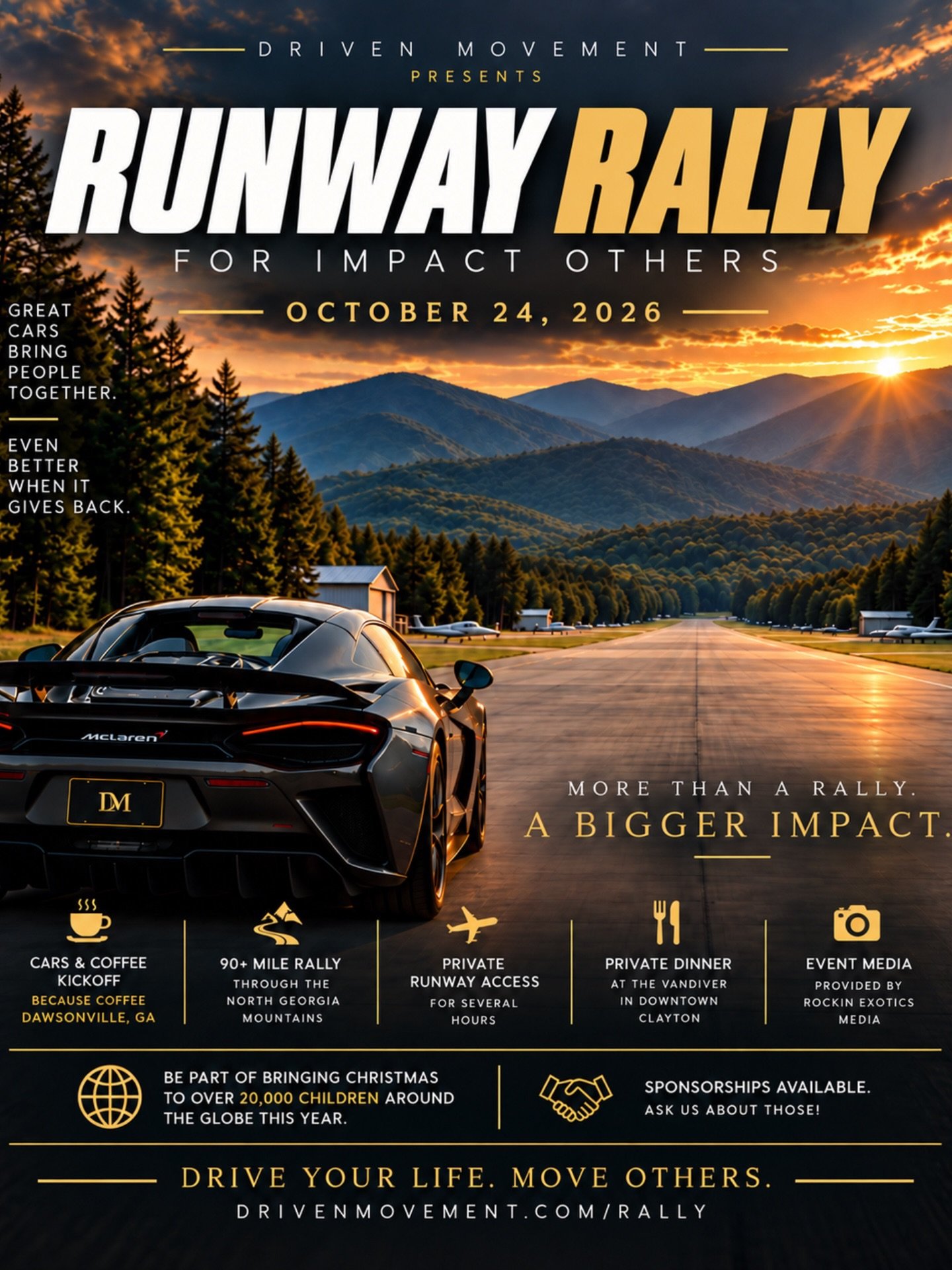 A private runway. Ninety miles of mountain roads. A table full of people who get it. 

And a platform to raise awareness for @impact.others special endeavor Project Dakota, giving Christmas for children in need around the globe.

🏁 DRIVERS:

There a