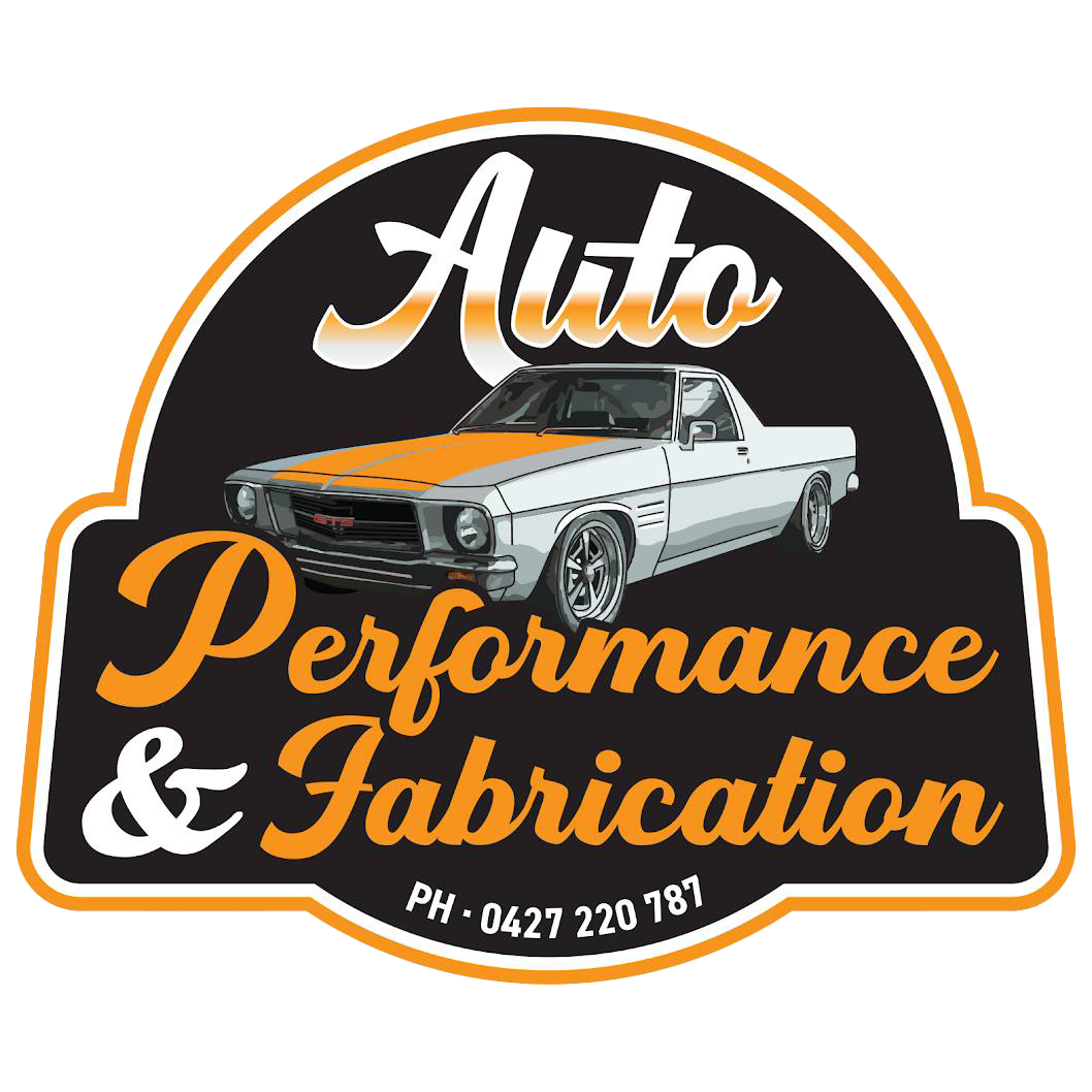 Logo for Auto Performance & Fabrication featuring a vintage white muscle car with orange stripes and orange text on a black background.
