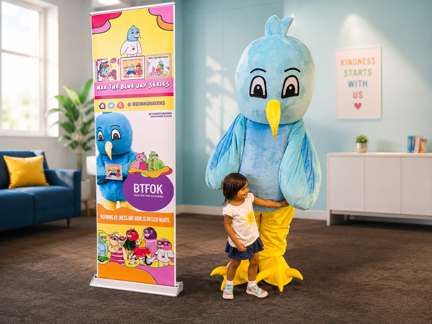 A young girl standing next to a person in a large blue bird costume, inside a room with a banner promoting a children's book series. The girl is smiling and holding the bird's wing. The room has colorful posters and a blue sofa with yellow pillows.
