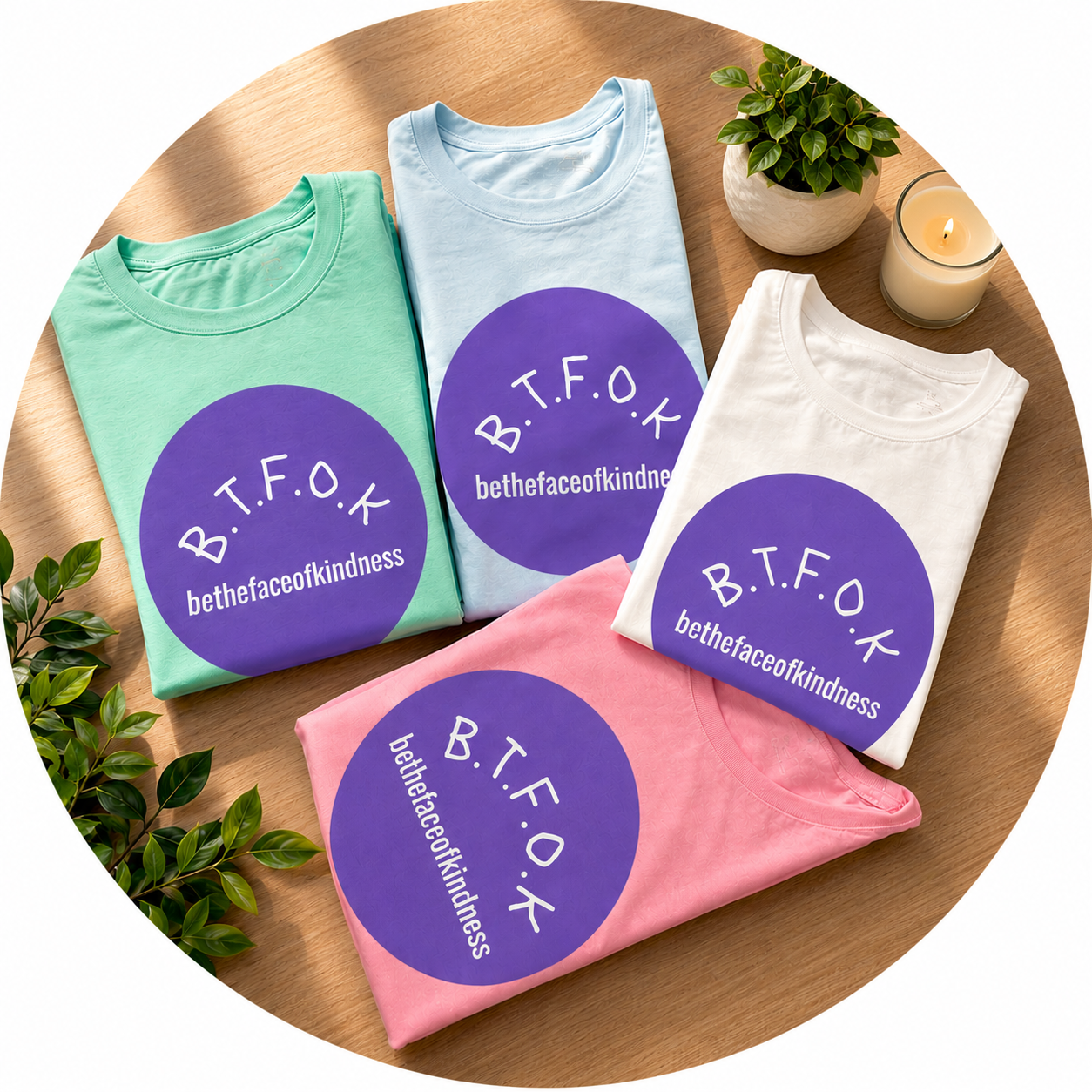 Four folded shirts with social media hashtags on a wooden table surrounded by greenery, candle, and potted plant.