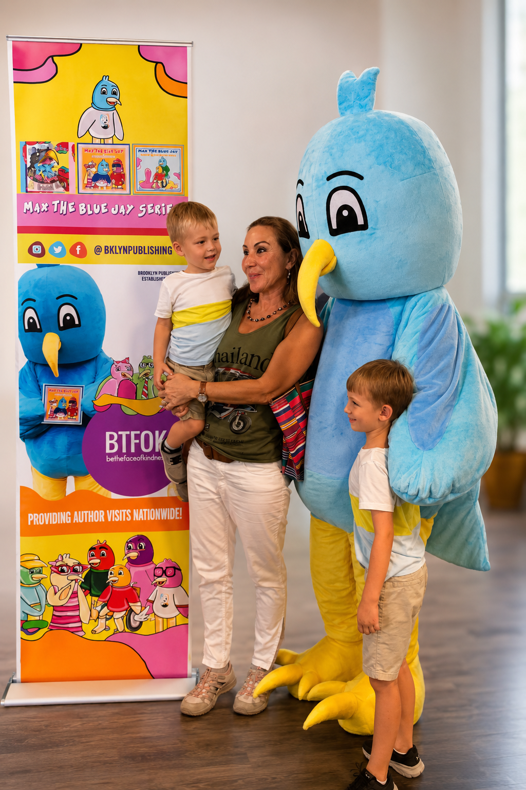 A woman and two young boys are posing with two people in blue bird costumes at a book event. The backdrop displays Max the Blue Jay from the series Max the Blue Jay.