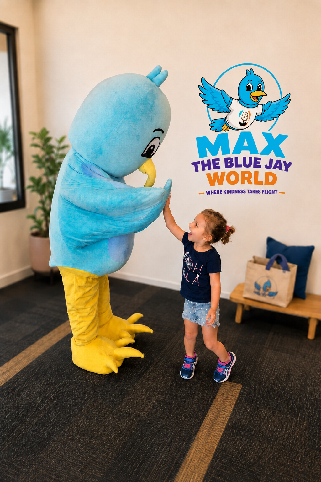 A young girl high-fives a person dressed in a blue bird mascot costume at an indoor event for Max the Blue Jay World, featuring a sign with a cartoon blue bird and the text 'Where kindness takes flight.' The girl is smiling, wearing a navy T-shirt, denim shorts, and colorful sneakers, with a brown purse on a bench behind her.