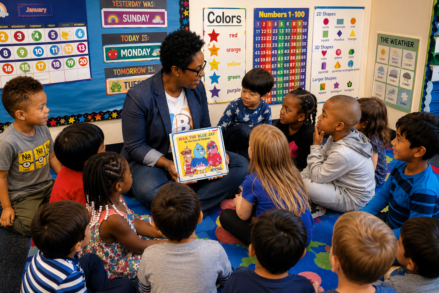 A teacher sitting cross-legged on the floor reading a colorful book titled 'Max the Blue Jay' to a group of young children seated around her in a classroom. The classroom walls are decorated with educational posters about colors, shapes, numbers, and weather.