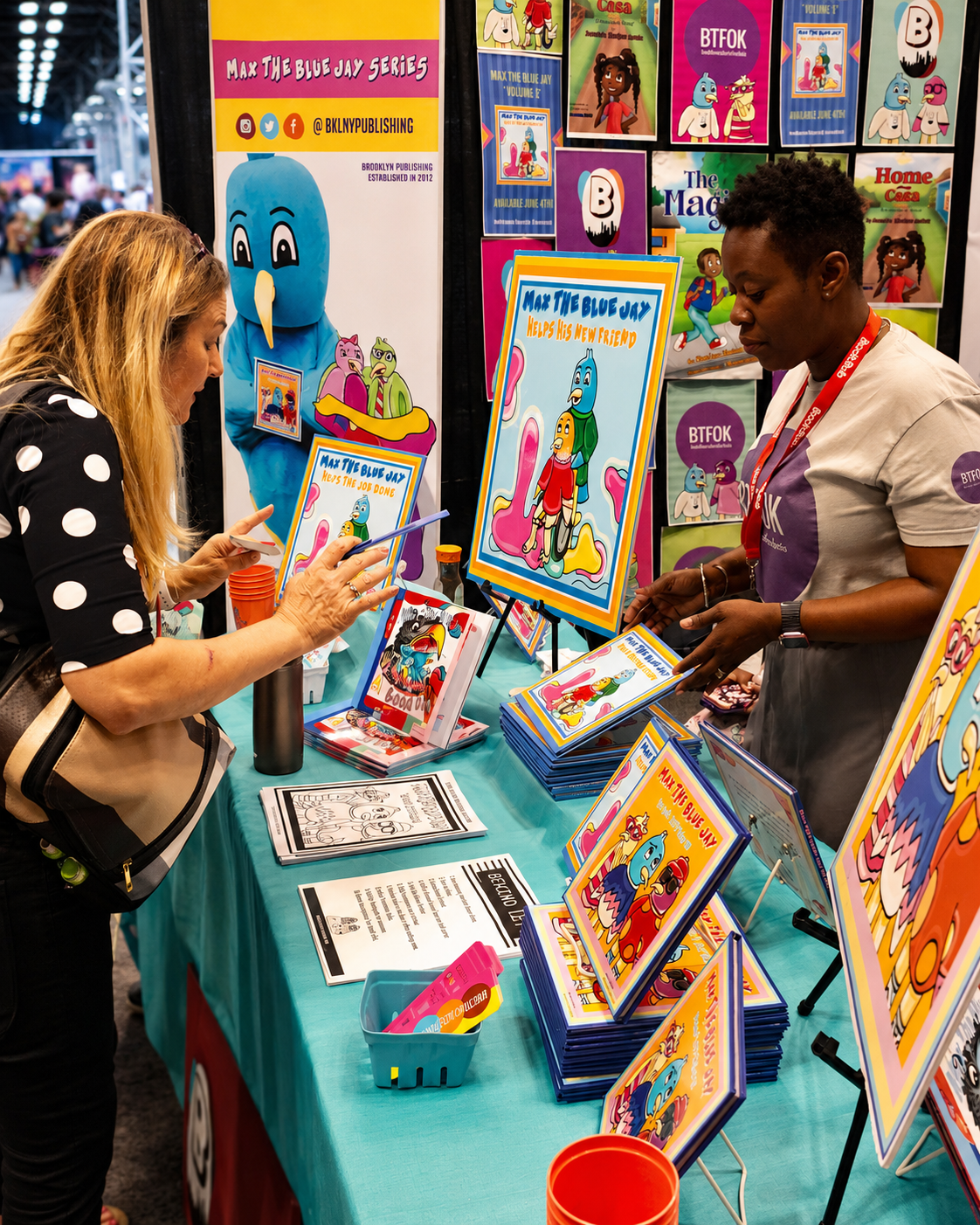 A booth at a convention showcasing the colorful children's book series 'Max the Blue Jay Series,' with posters of the books and a person browsing and reading the books. There are two women interacting at the booth.