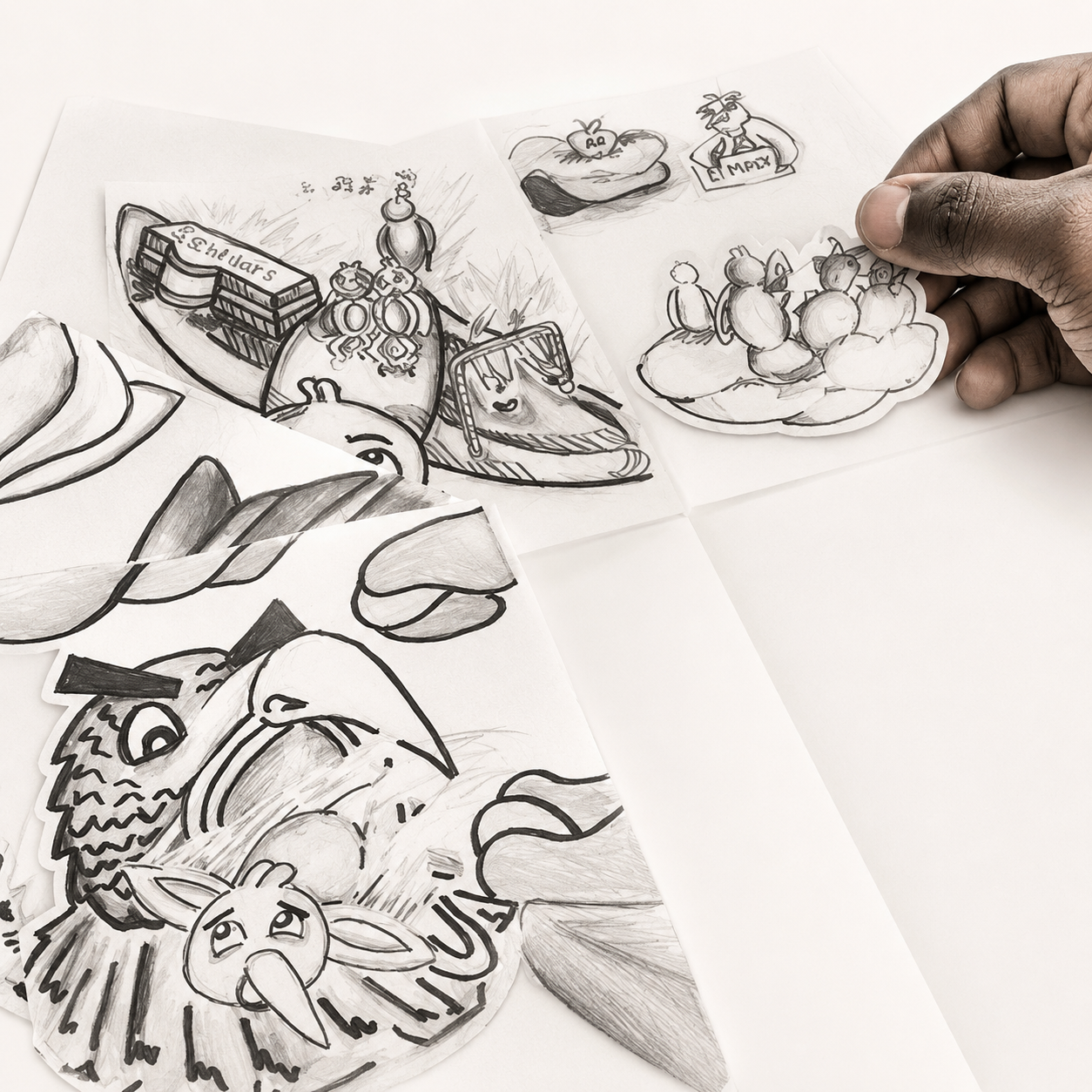Black and white sketches of different animal characters, including a bird and a rabbit, being arranged or examined.