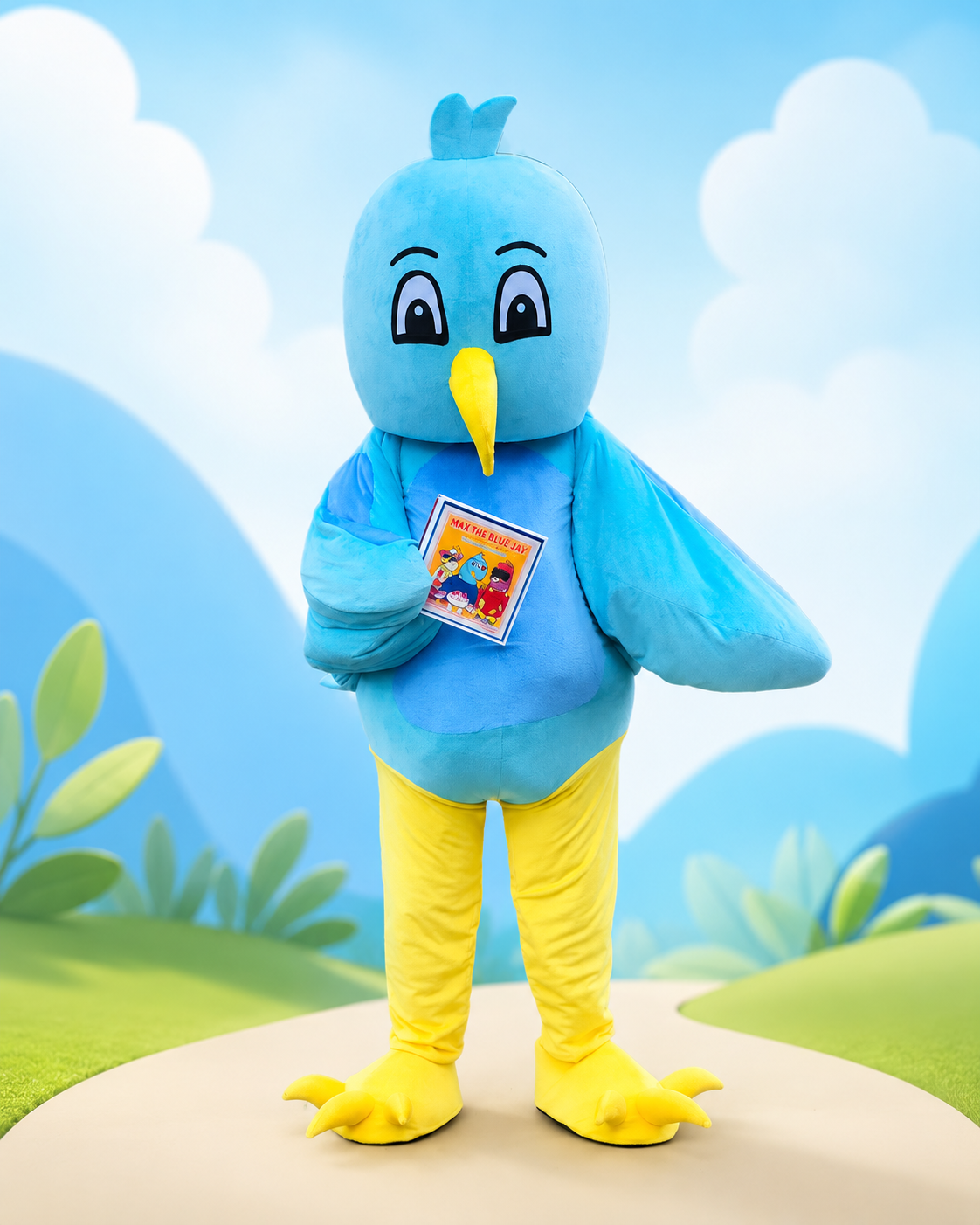 Person in blue bird mascot costume holding a colorful illustrated book with the title "Max the Blue Jay," standing outdoors against a backdrop of clouds and green foliage.