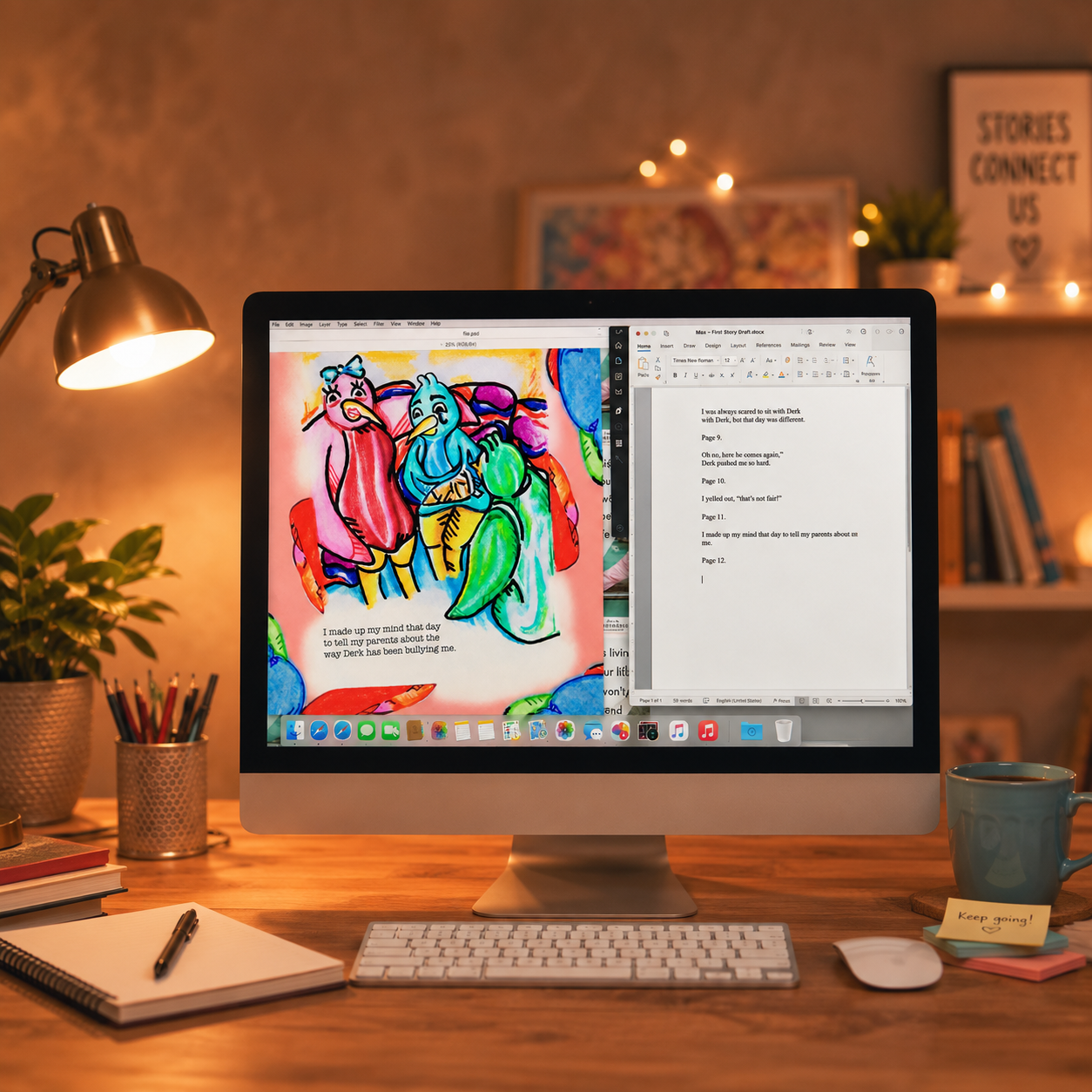 A desktop computer on a wooden desk displays colorful artwork of three birds and a document with handwritten text. The desk has a notebook, pen, potted plant, pencils, a coffee mug with a note that says "Keep going!", and a white mouse. There is a lamp on the left and a bookshelf and framed art on the wall in the background.