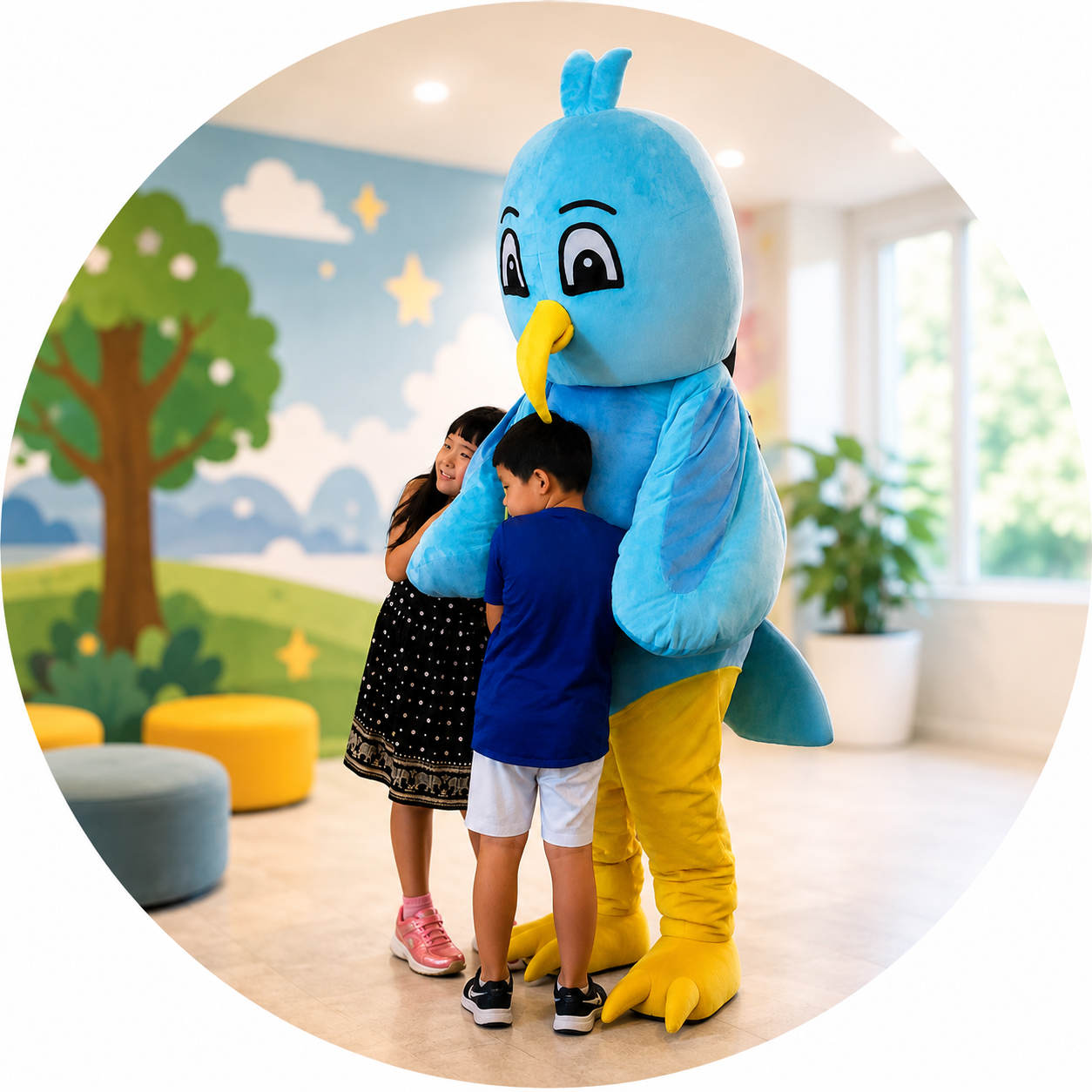 Two children hugging a person dressed in a blue bird costume inside a brightly decorated room with a tree mural and large windows.