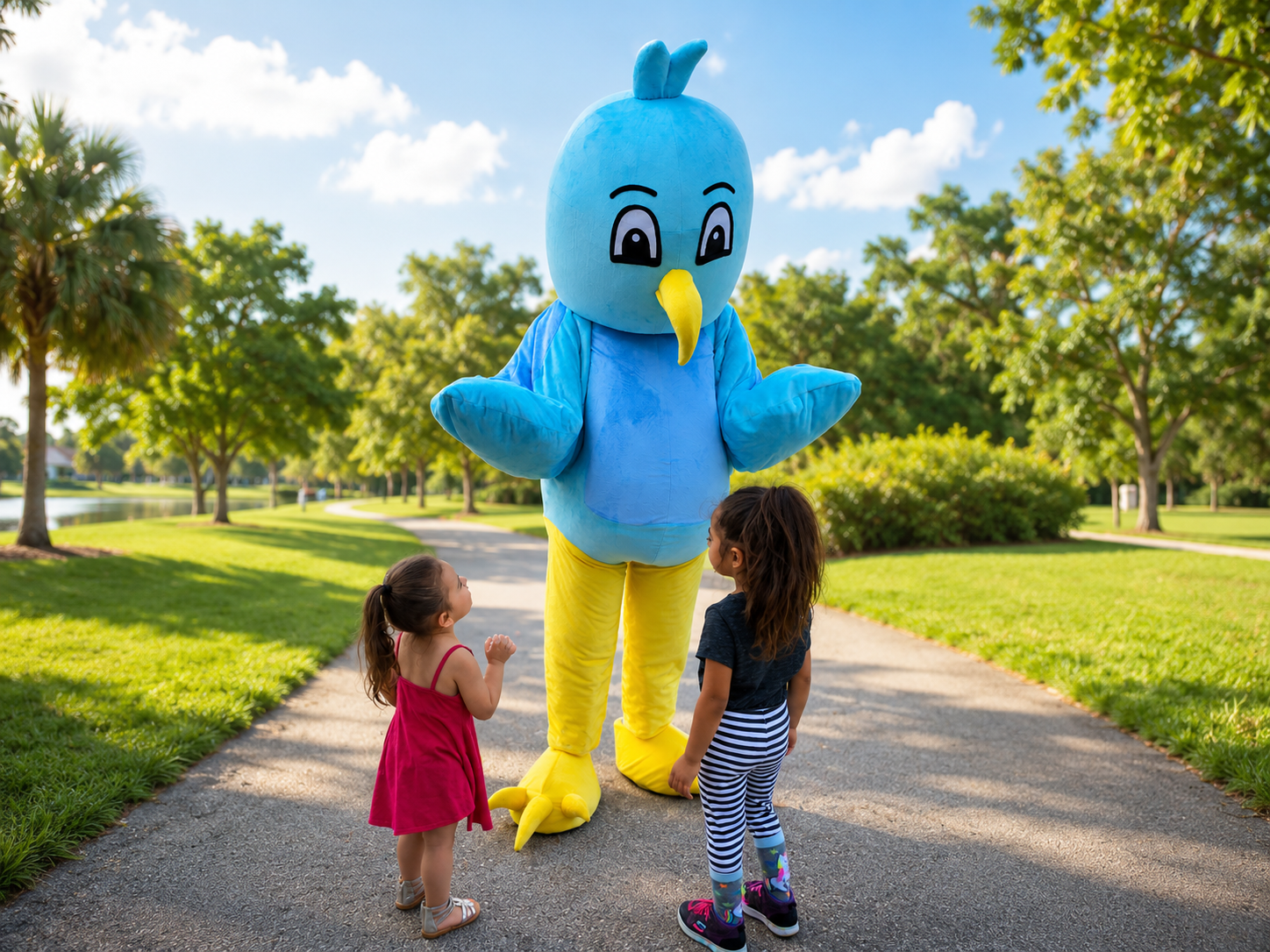 Two young girls look at a person in a colorful bird mascot costume in a park with green trees and a pond in the background.
