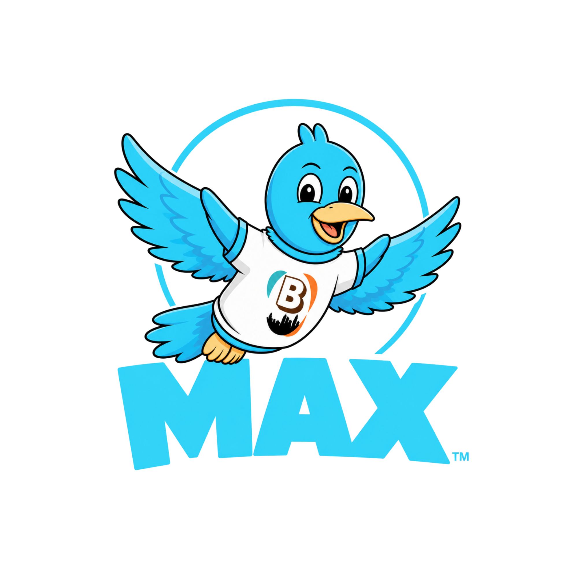 Cartoon blue bird character with large eyes, smiling, wearing a white T-shirt with a Bitcoin logo, flying above the blue text "VIRAL MAX" with a TM symbol.