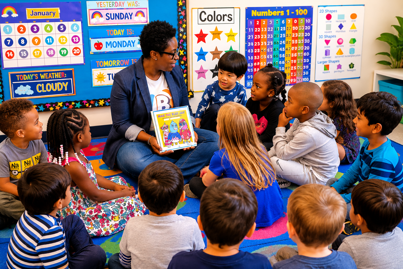 Teacher reading a picture book to a group of young diverse children sitting on the colorful carpet in a classroom with educational posters on the walls.