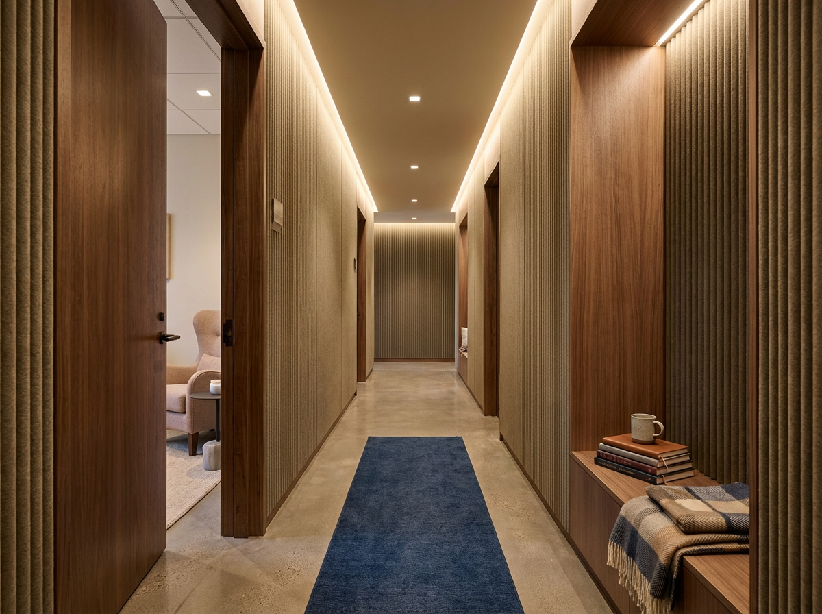 A modern therapy office with wood-paneled walls, ceiling lighting, and a blue rug on a beige tiled floor, with a cozy sitting area visible through an open door on the left.