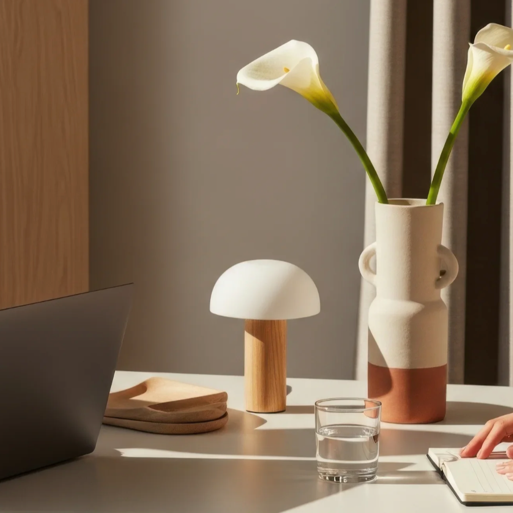 A modern desk setup with a white desk, a transparent glass of water, a notebook, a wooden and white lamp, and a white vase with two calla lilies.