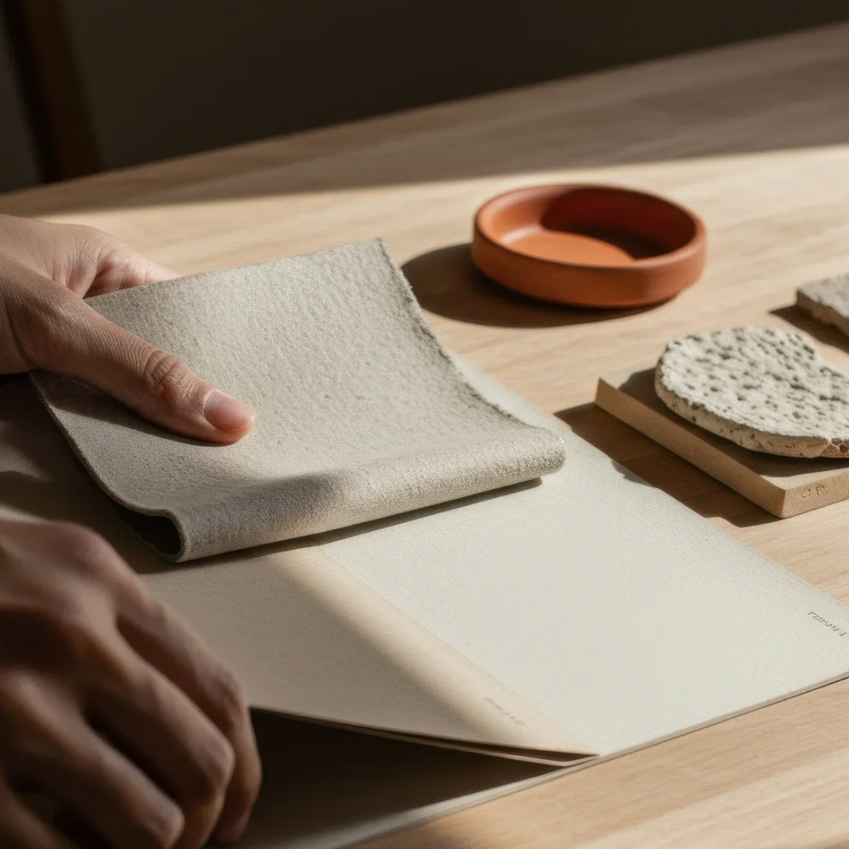 Person flipping through textured fabric samples on a table with pottery and stone tiles.