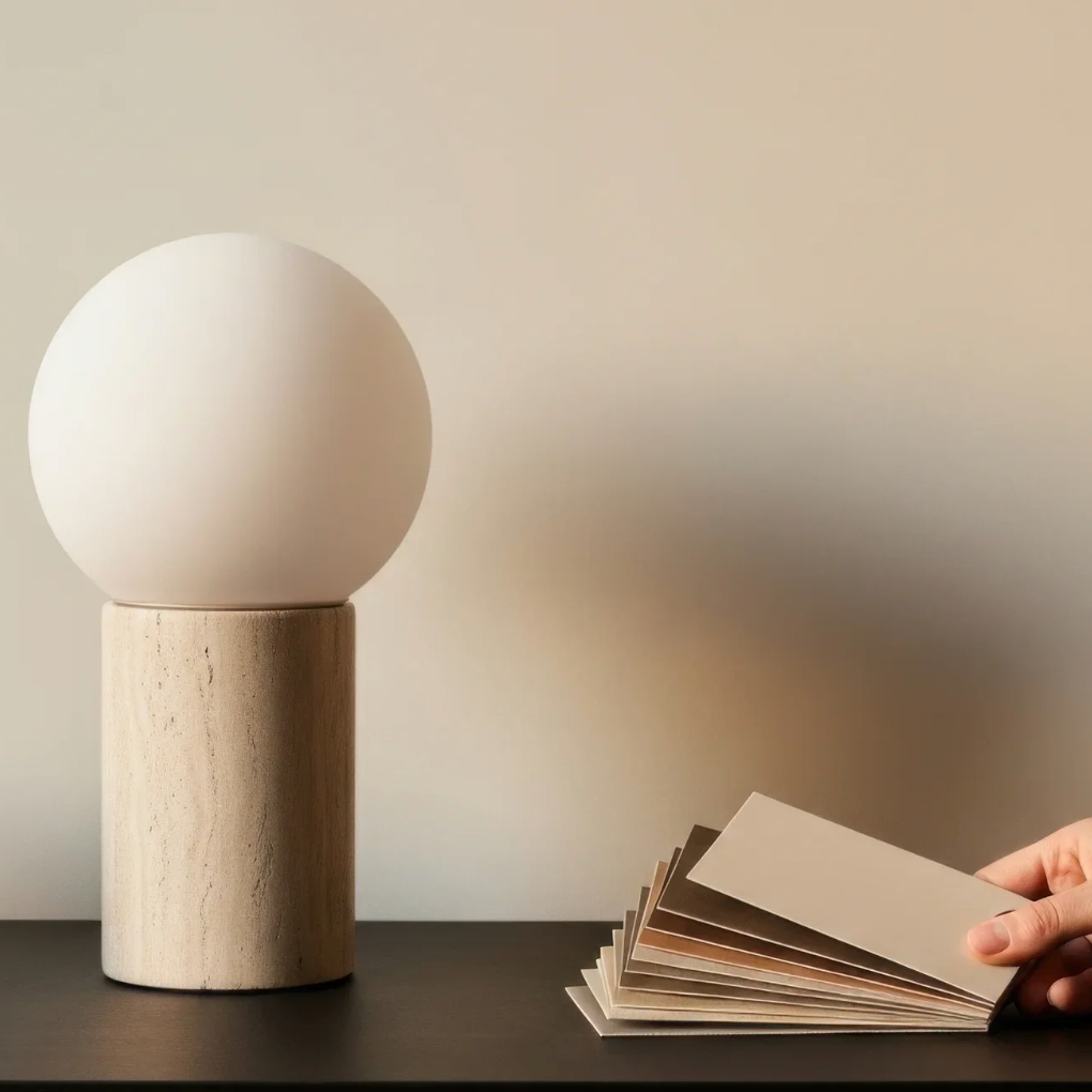 A modern table lamp with a white spherical shade on a cylindrical wooden base, placed on a dark surface next to a hand holding a fan of beige color swatches or paint samples.