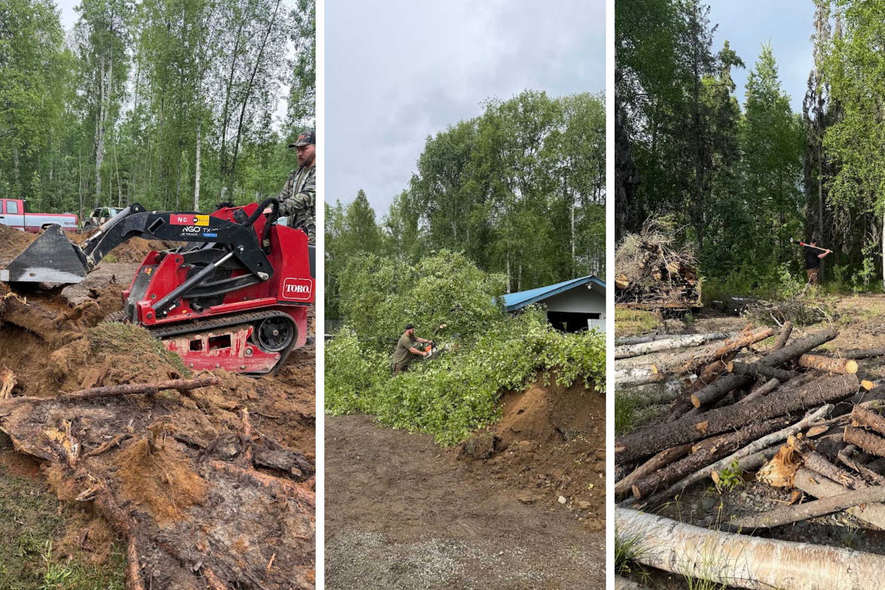 Three images of tree removal and land clearing activities. 