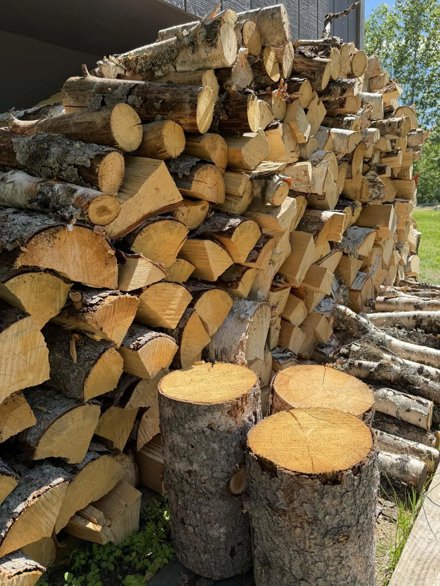 A large stack of cut firewood logs piled against a building that were cut from usable timber during a land-clearing project.