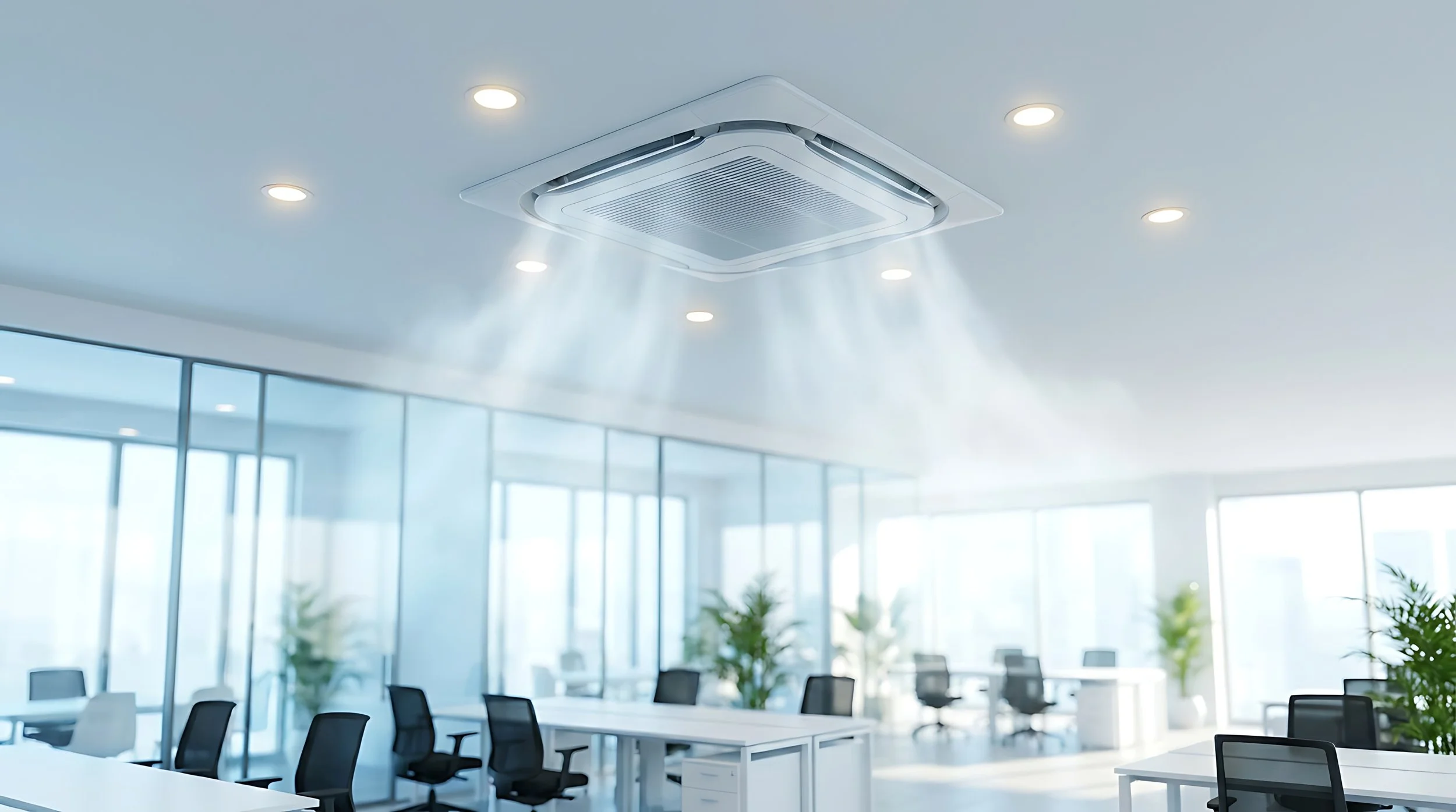 Office conference room with white walls, large windows, black chairs, white desks, and ceiling-mounted cooling system emitting air.