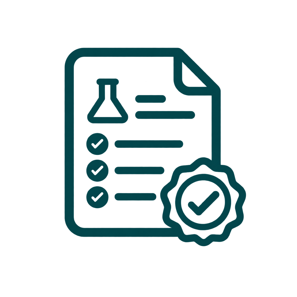 A document icon with check marks and a gear symbol indicating a verified or approved report or process.