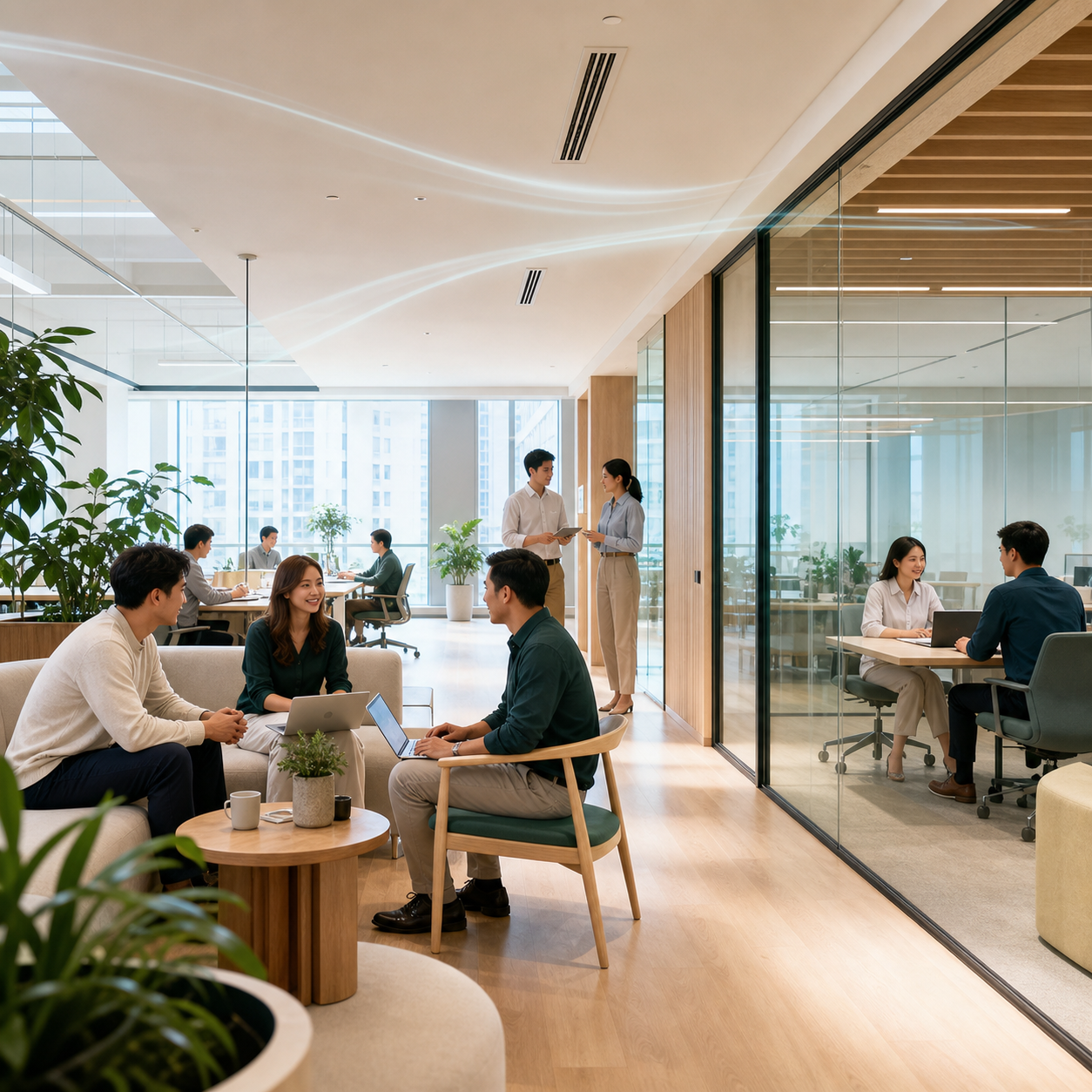 Office space with people working and having discussions, modern decor, large windows with city view, mix of open and glass-walled meeting rooms.
