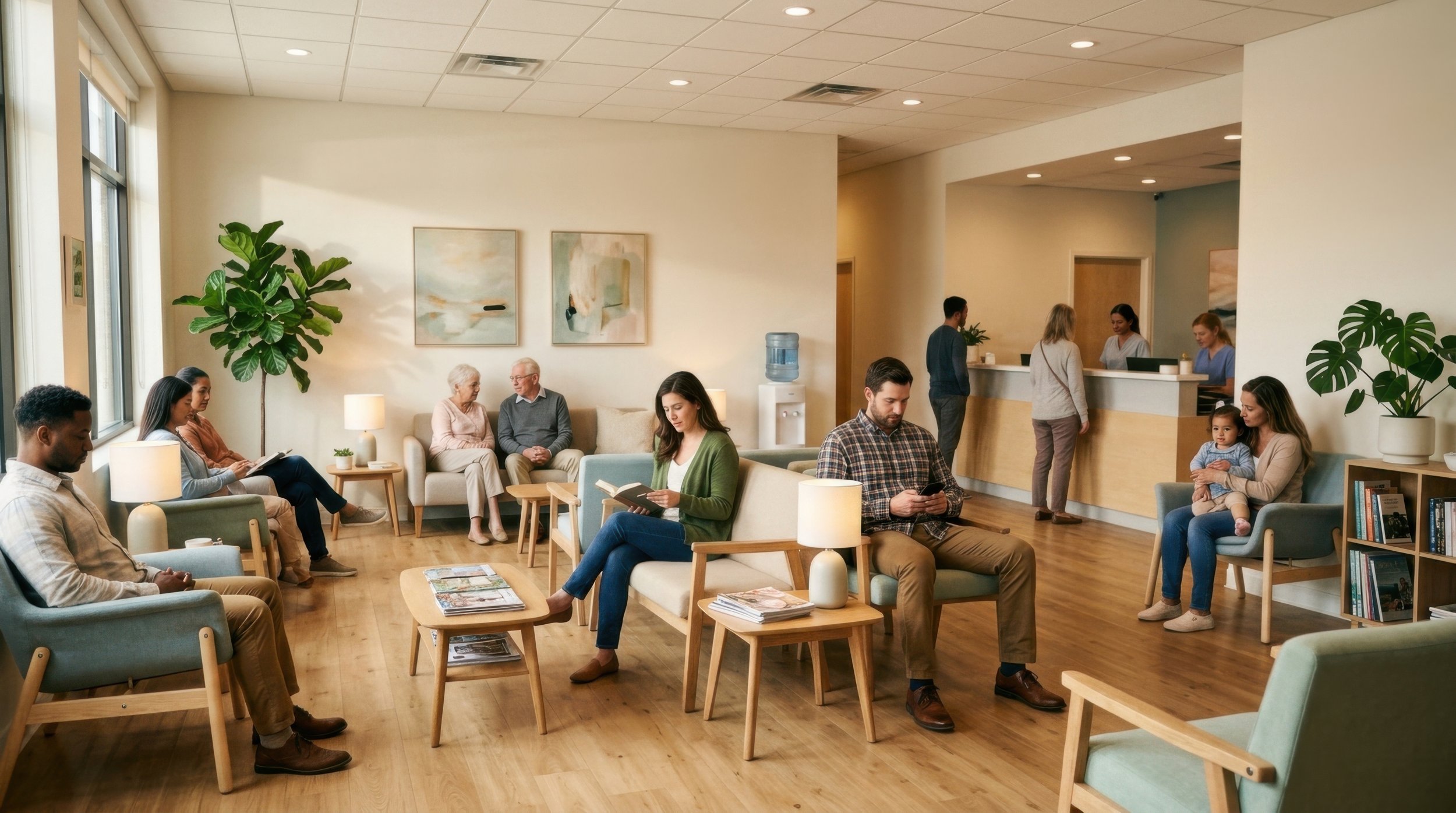 A waiting room with people sitting on chairs and couches, some reading, others using phones, and a reception desk in the background with staff helping visitors.