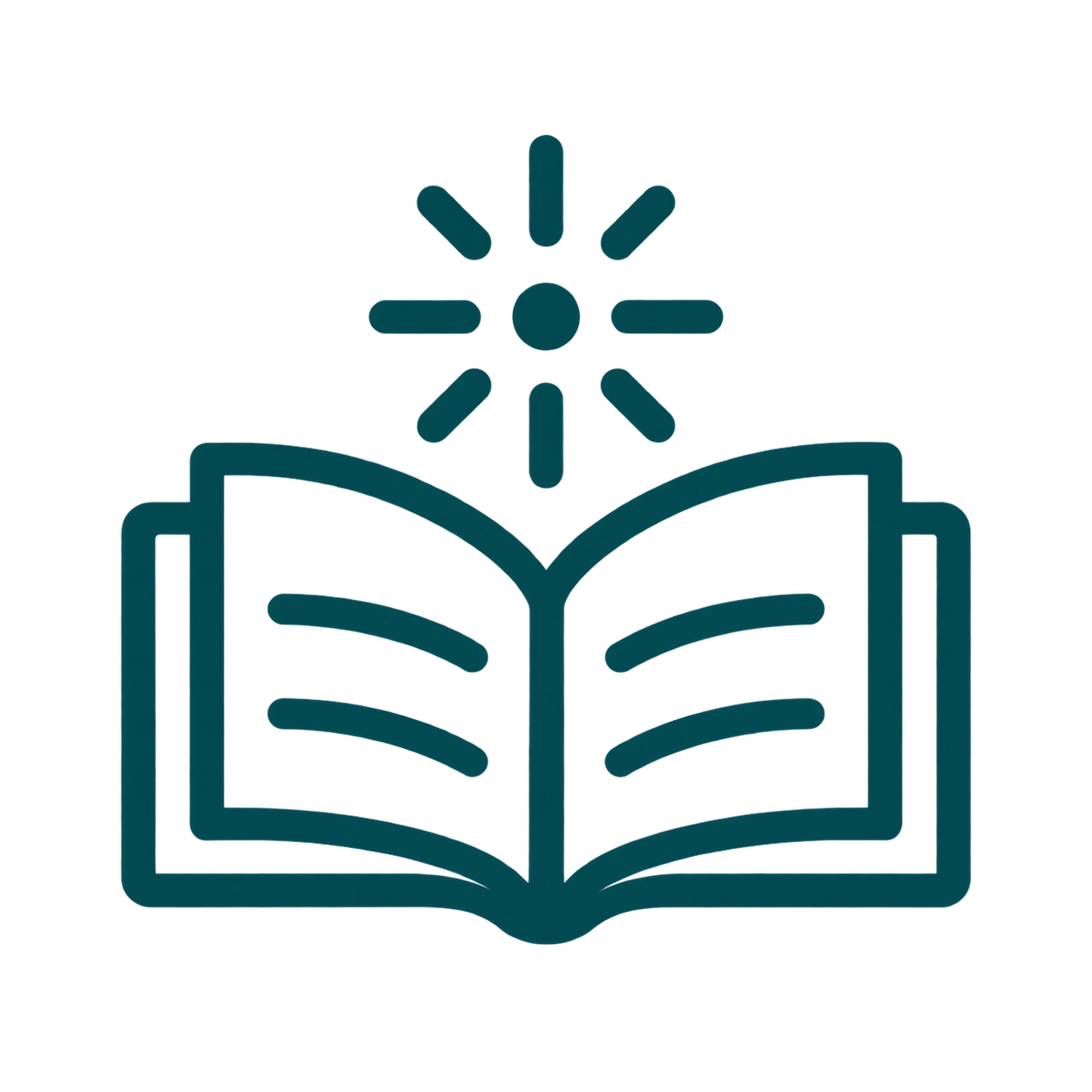Icon of an open book with a stylized sun or flower above it, representing learning and focus.