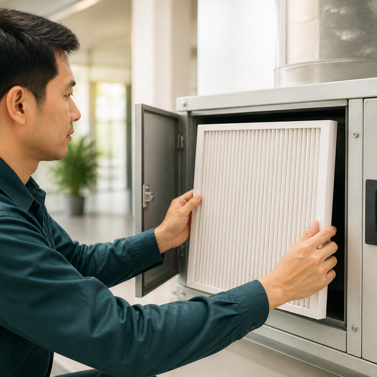 A man changing a building's air conditioning or ventilation filter.